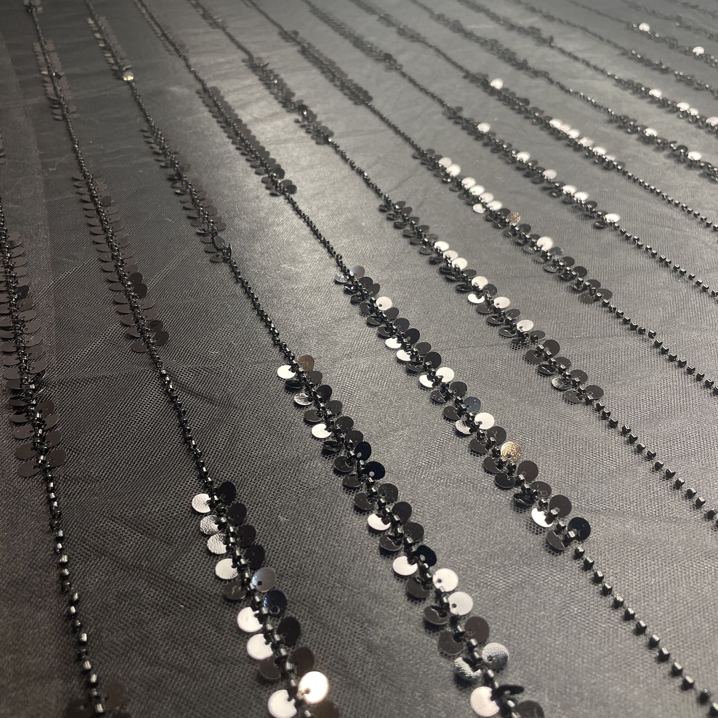 Premium Black Pearl Stripes Floral Heavy Sequins Embroidery Net Fabric