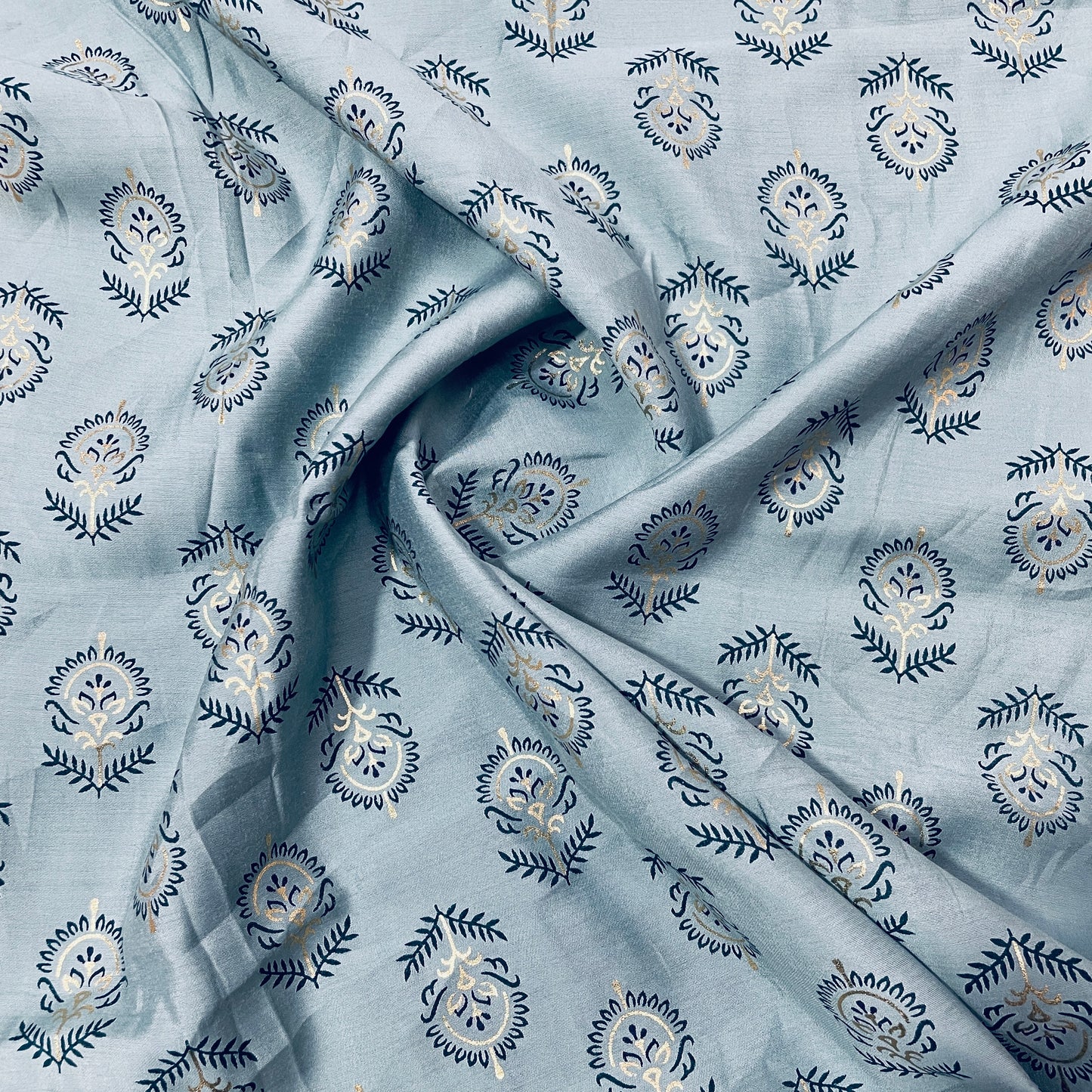 sea green floral foil print chanderi silk fabric
