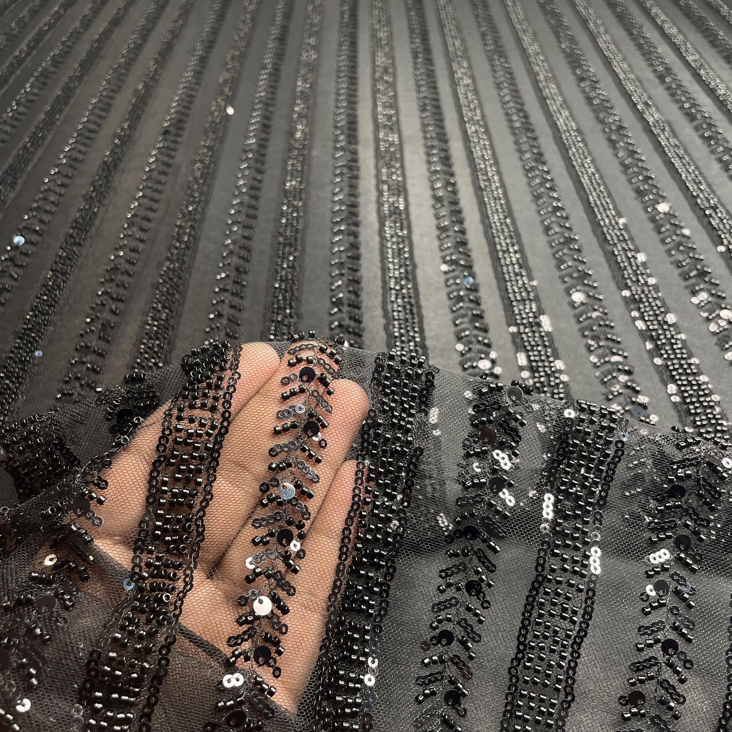 Premium Black Stripes Pearl CutDana Embroidery Power Net Fabric
