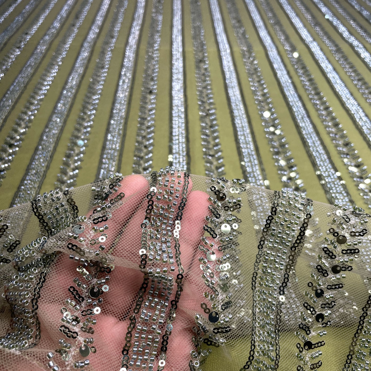 Premium Olive Green Stripes Sequins CutDana Embroidery Net Fabric