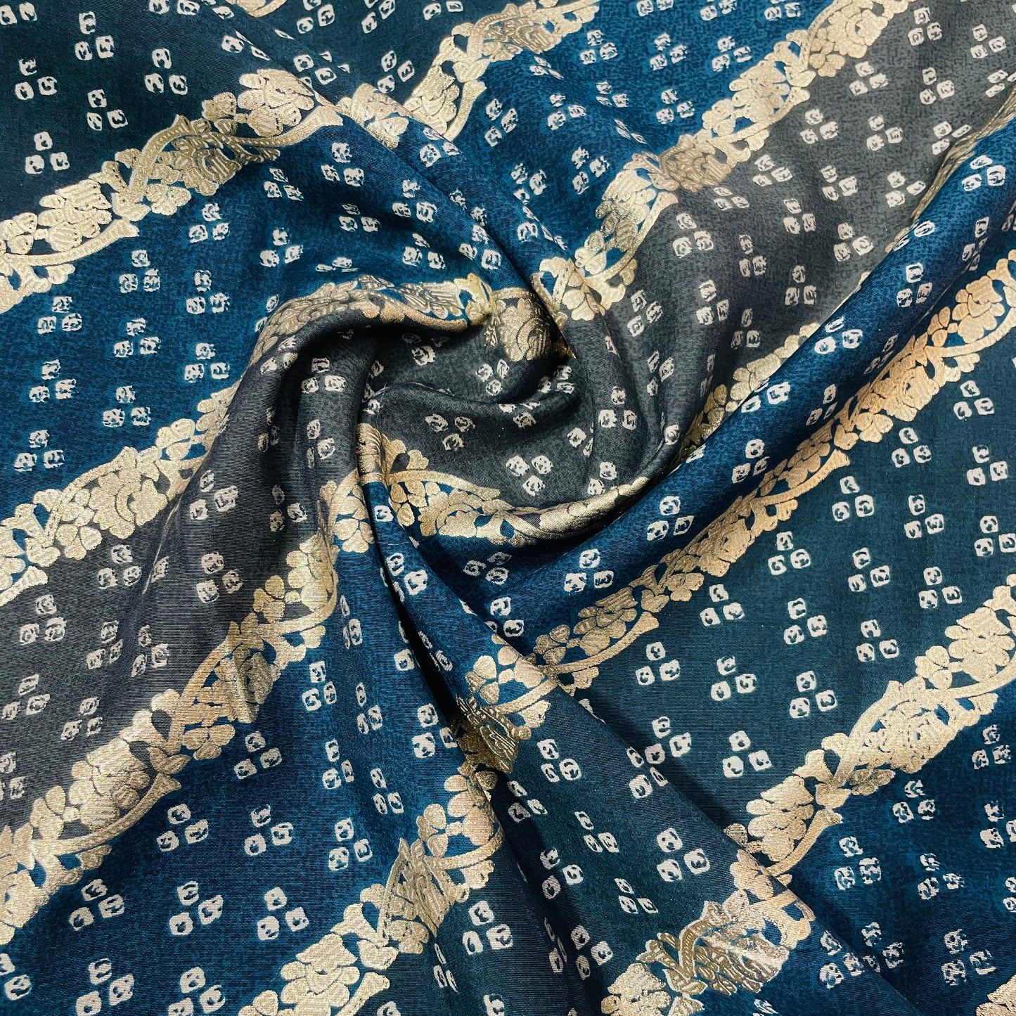 Blue Floral Foil Print Chanderi Silk Fabric - TradeUNO