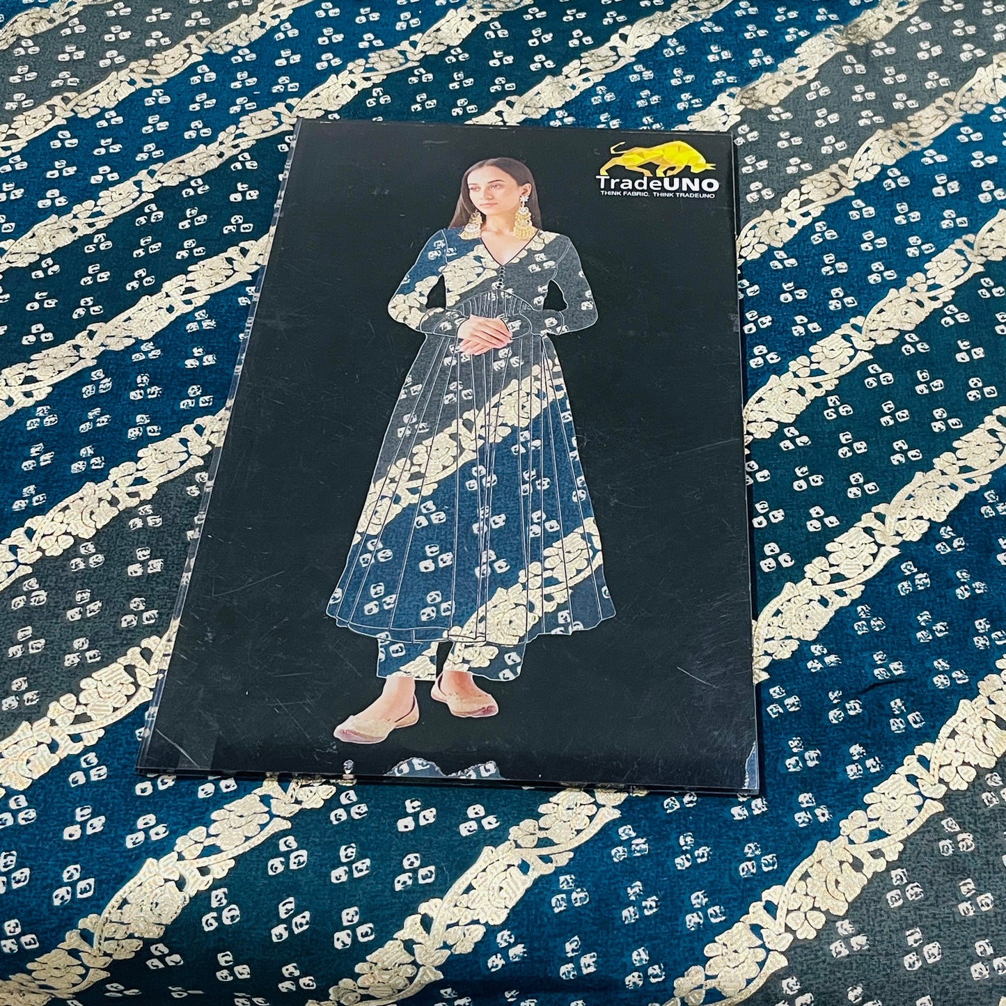Blue Floral Foil Print Chanderi Silk Fabric - TradeUNO