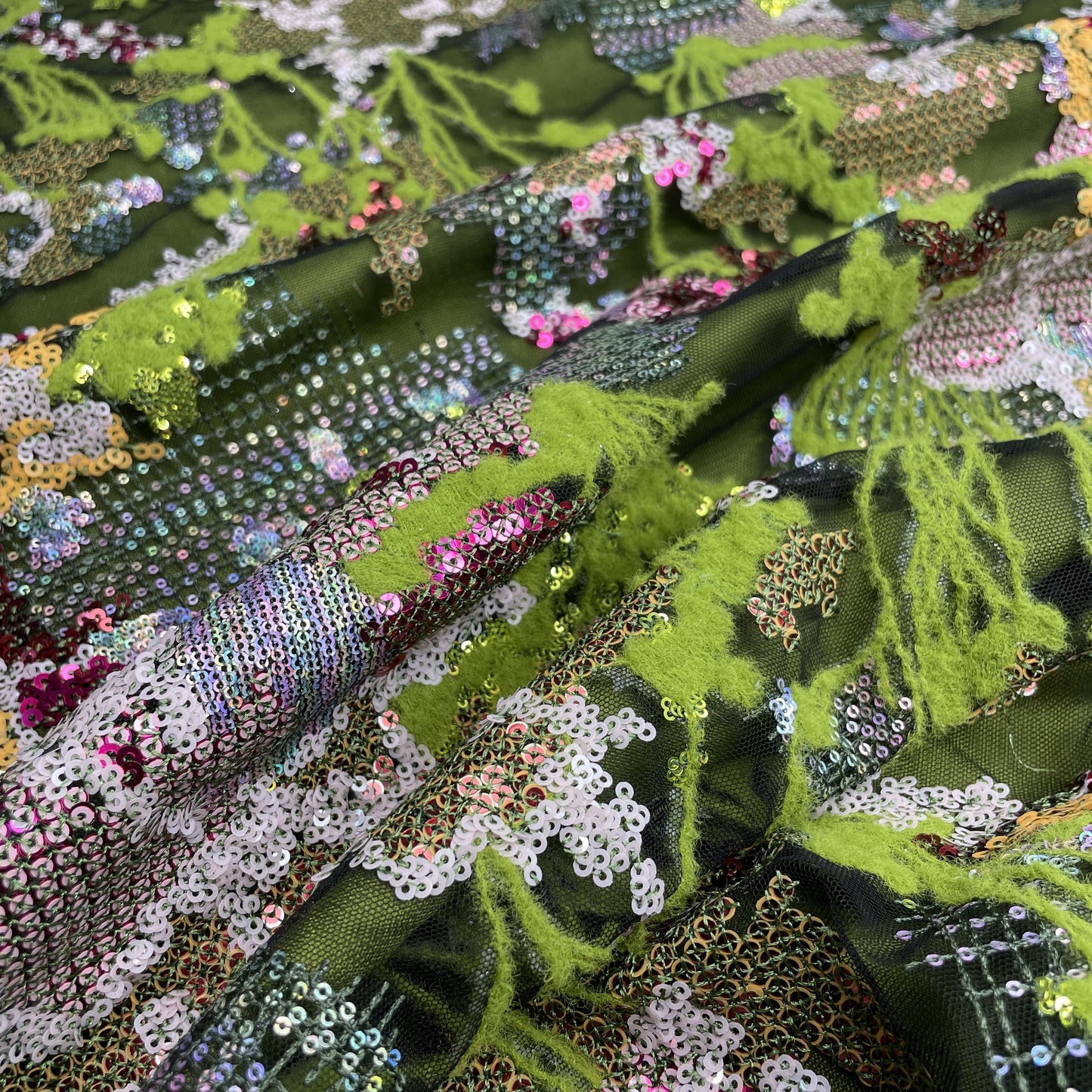 Premium Black Multicolor Heavy Sequins Embroidery Net Fabric