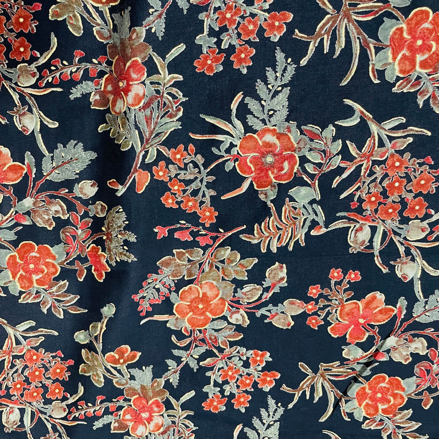 Dark Blue & Red Floral Foil Print Chanderi Silk Fabric - TradeUNO