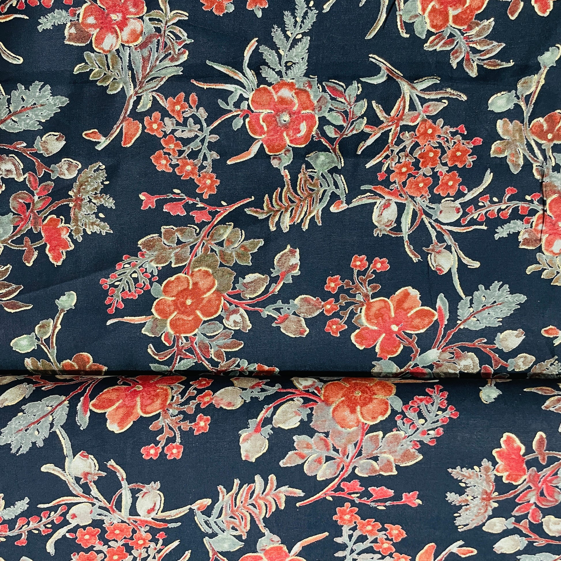Dark Blue & Red Floral Foil Print Chanderi Silk Fabric - TradeUNO