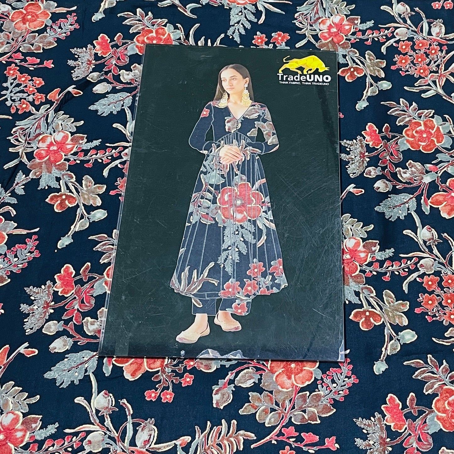Dark Blue & Red Floral Foil Print Chanderi Silk Fabric - TradeUNO