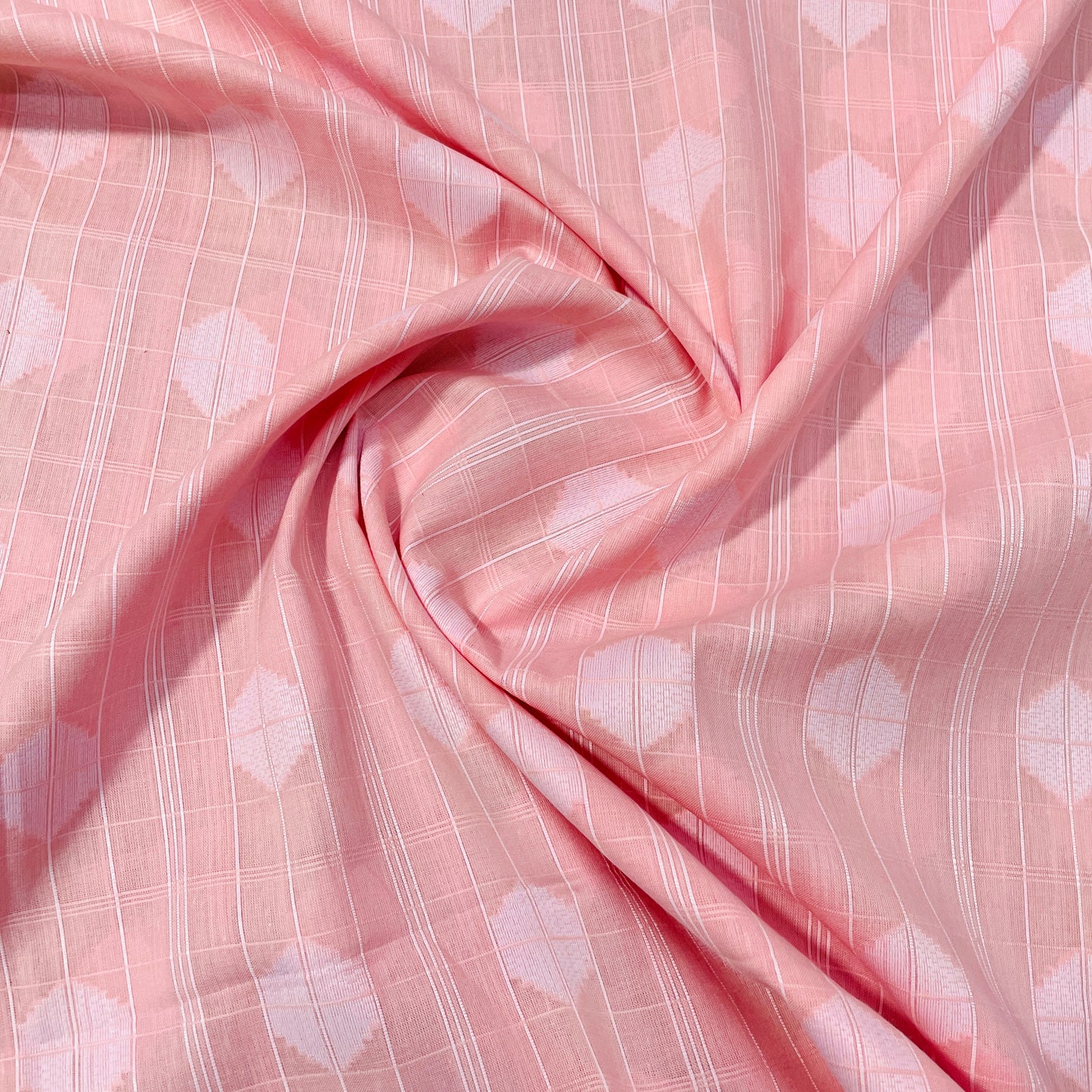 Light Pink & White Geometrical Handwoven Cotton Fabric - TradeUNO