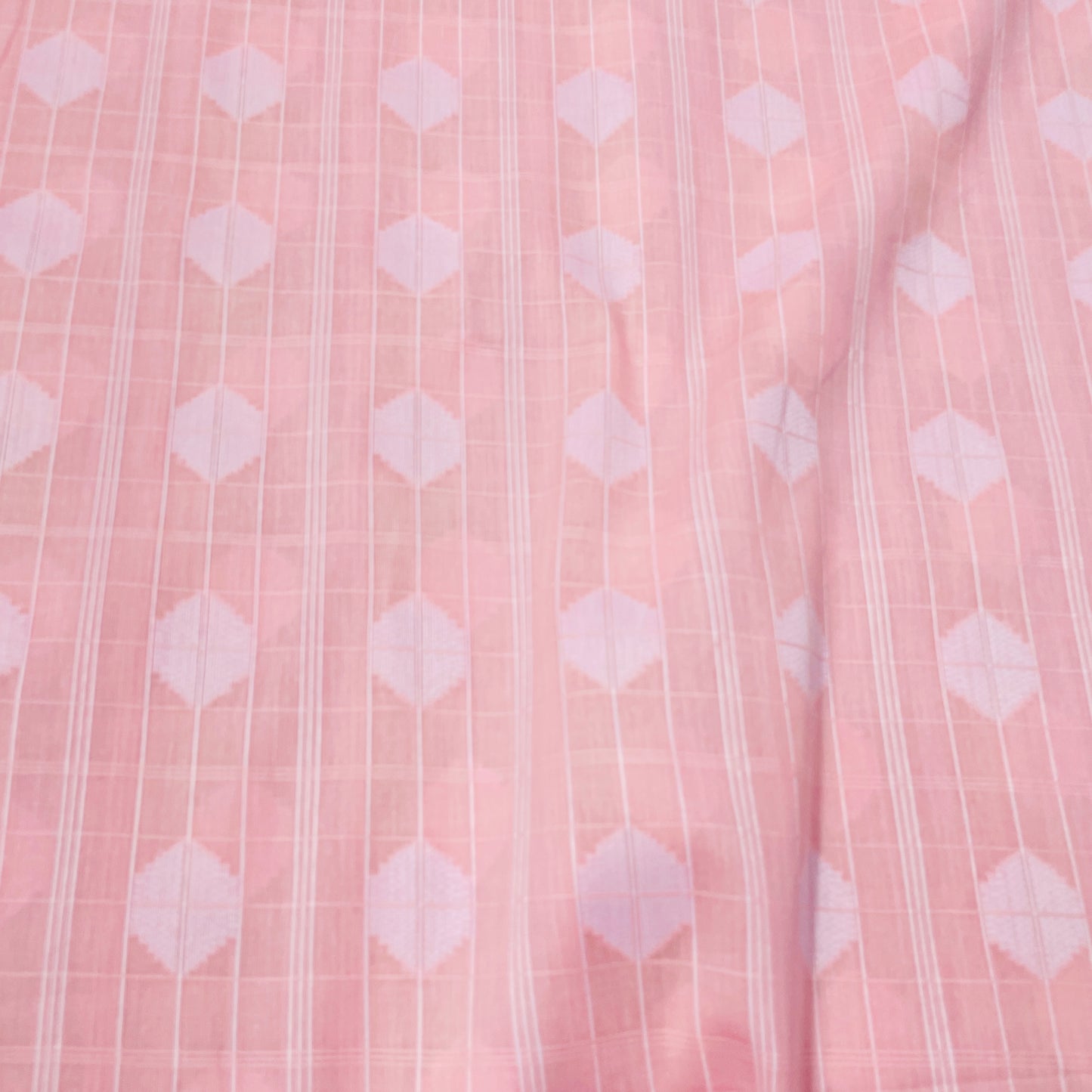 Light Pink & White Geometrical Handwoven Cotton Fabric - TradeUNO
