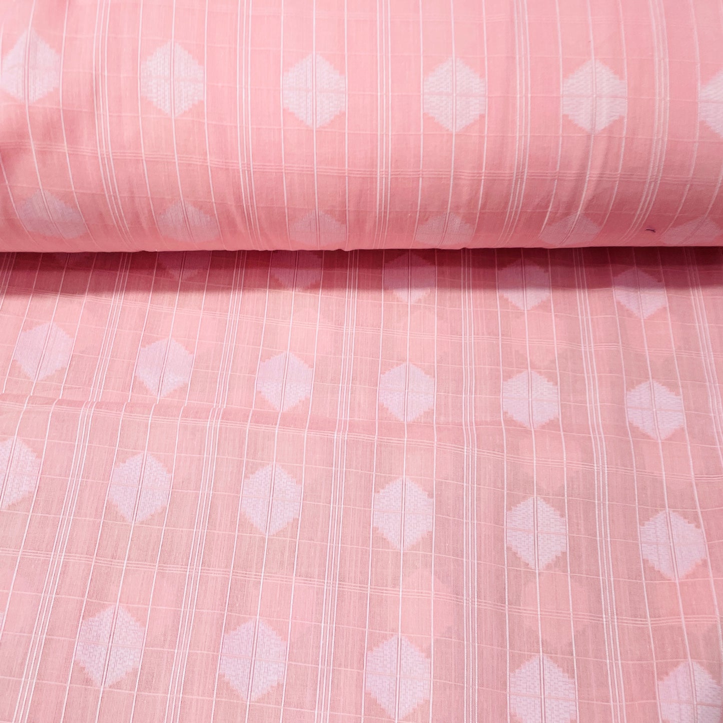 Light Pink & White Geometrical Handwoven Cotton Fabric - TradeUNO