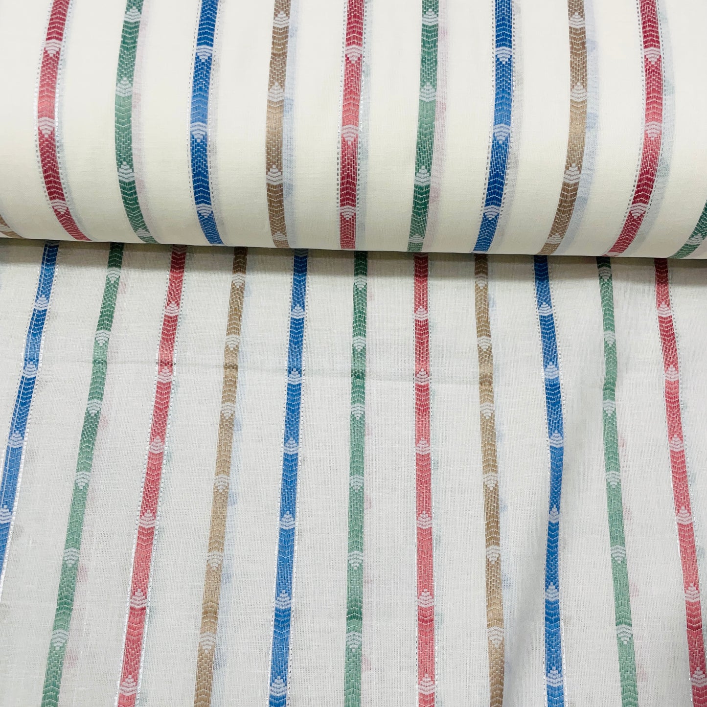 Off White & Multicolor Stripe With Lurex Cotton Fabric - TradeUNO