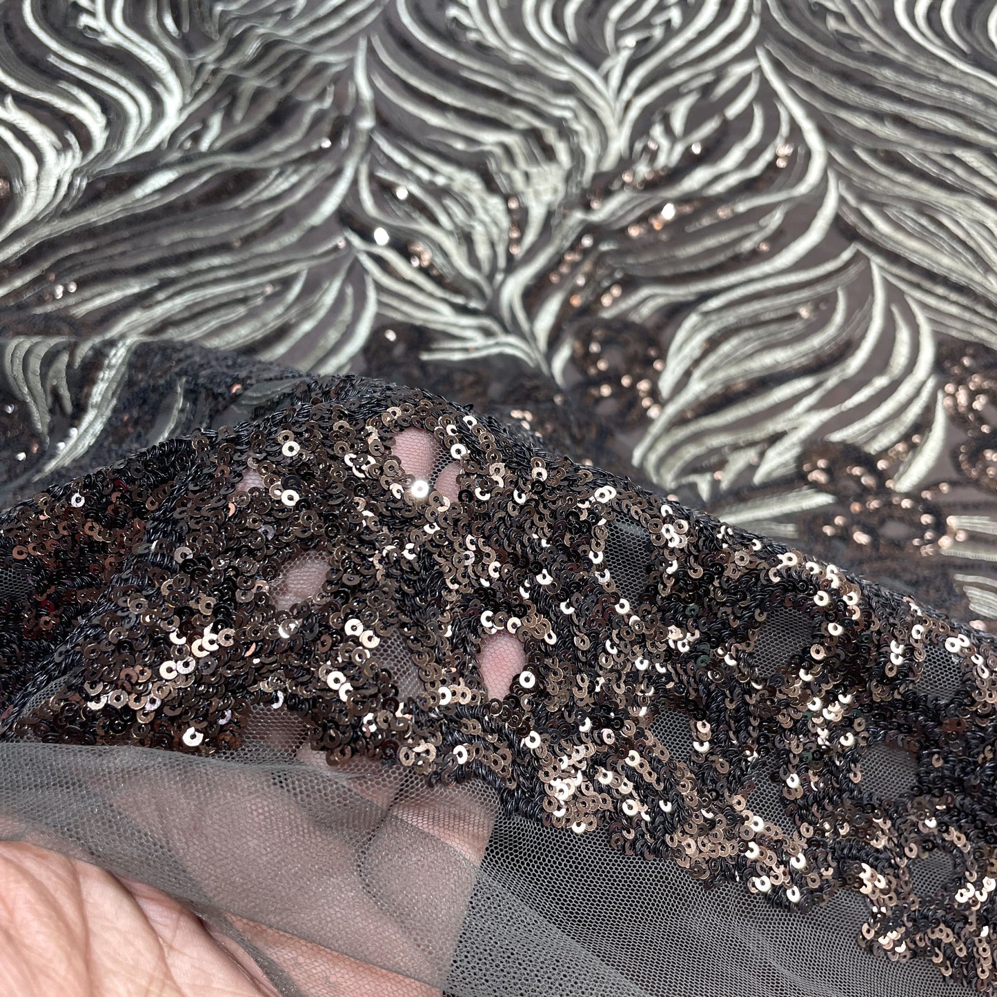 Exclusive Olive Green Floral Sequins Thread Embroidery Net Fabric
