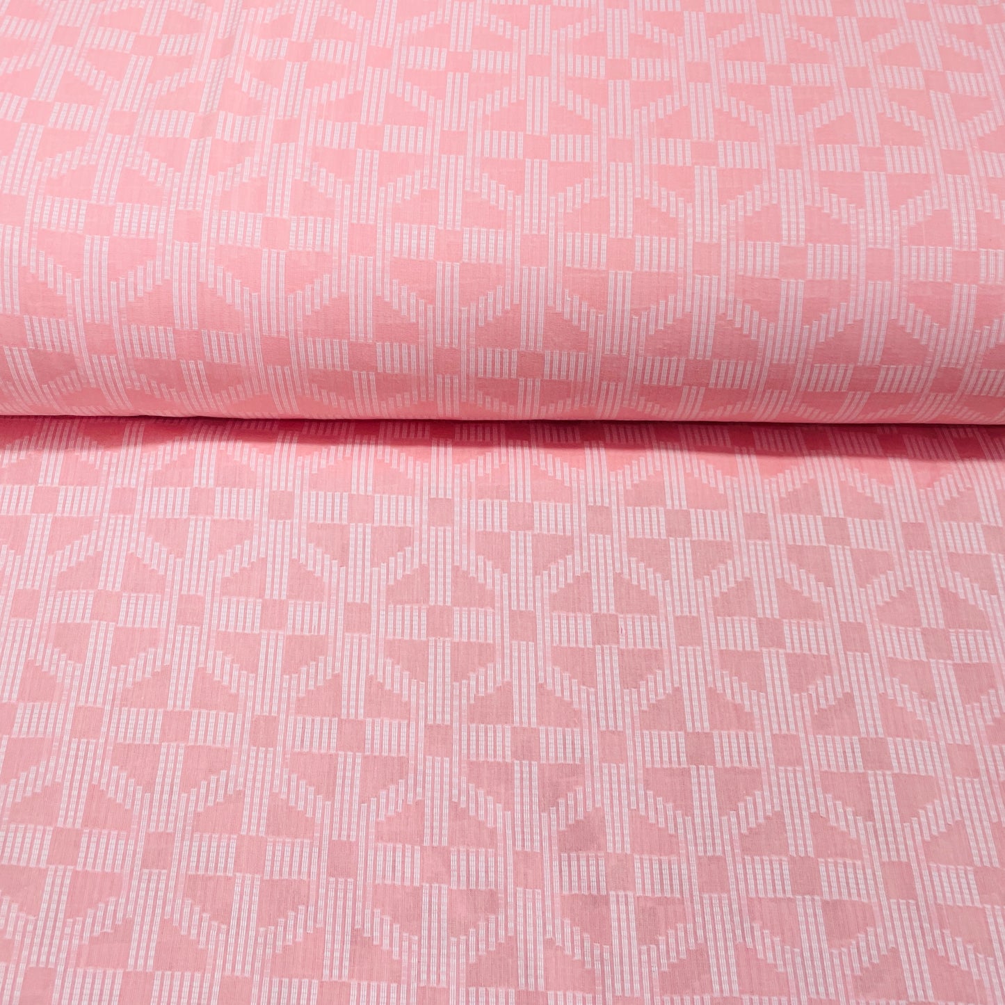 Pink & White Geometrical Dobby Cotton Fabric - TradeUNO