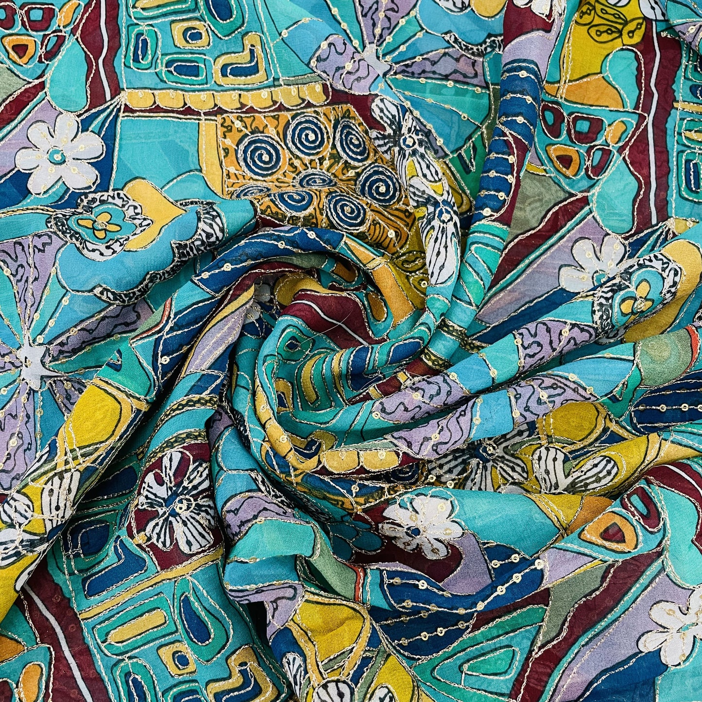 exclusive sea green traditional sequence embroidery georgette fabric
