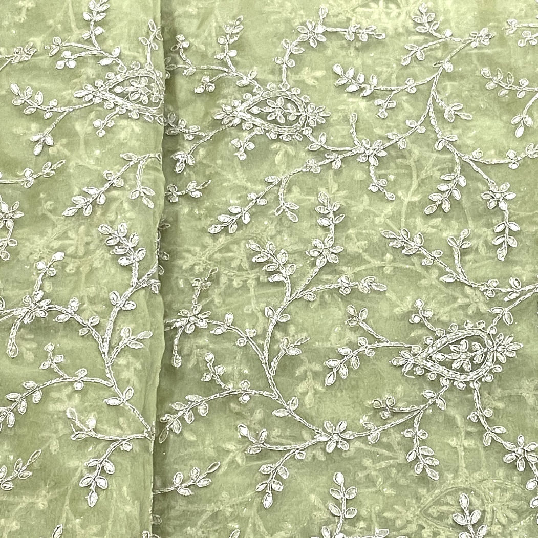 Classic Olive Green Gota Patti Work Organza Fabric