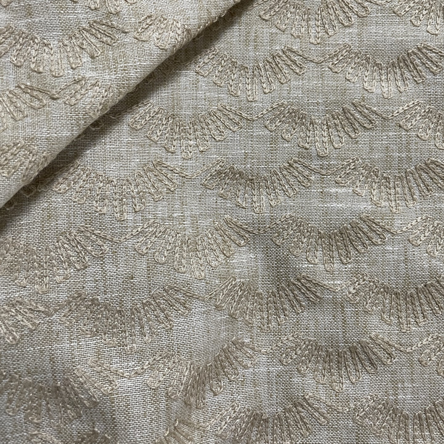 Cream Abstract Thread Embroidery Linen Fabric