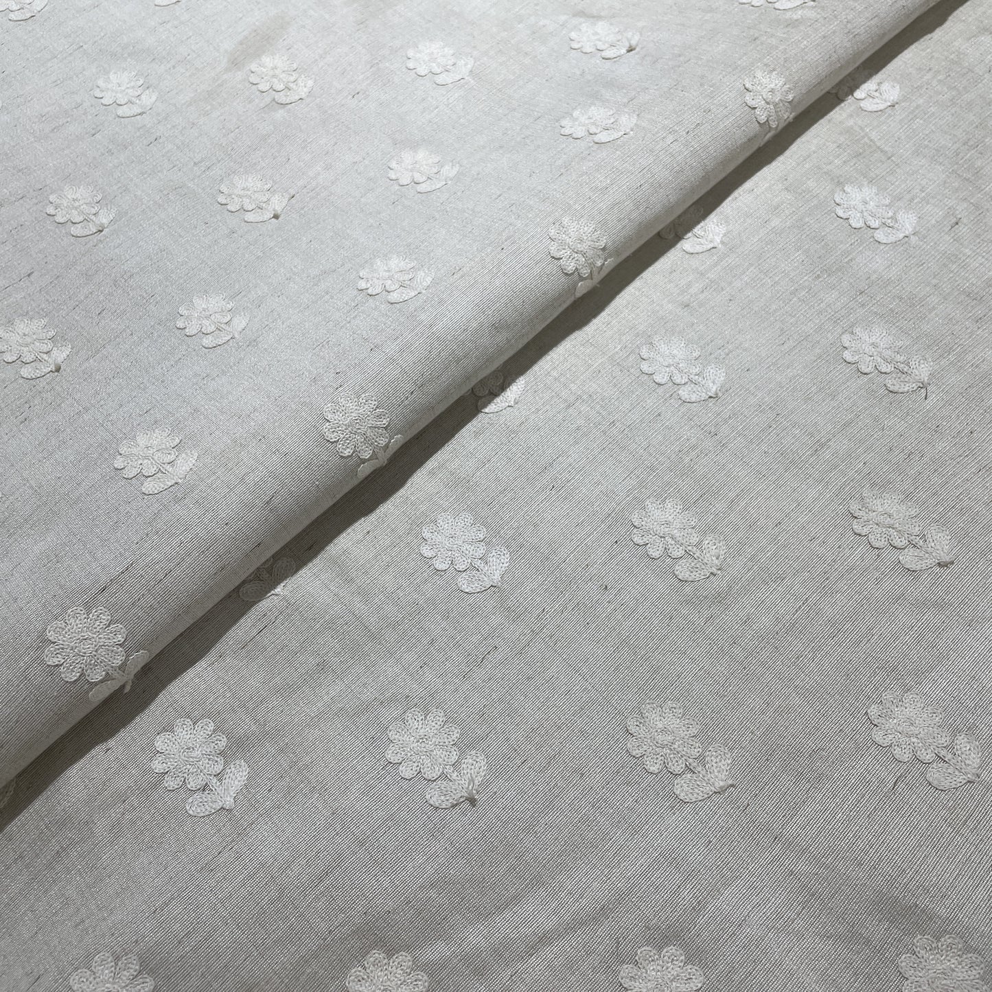 Cream Floral Embroidery Khadi Silk Fabric