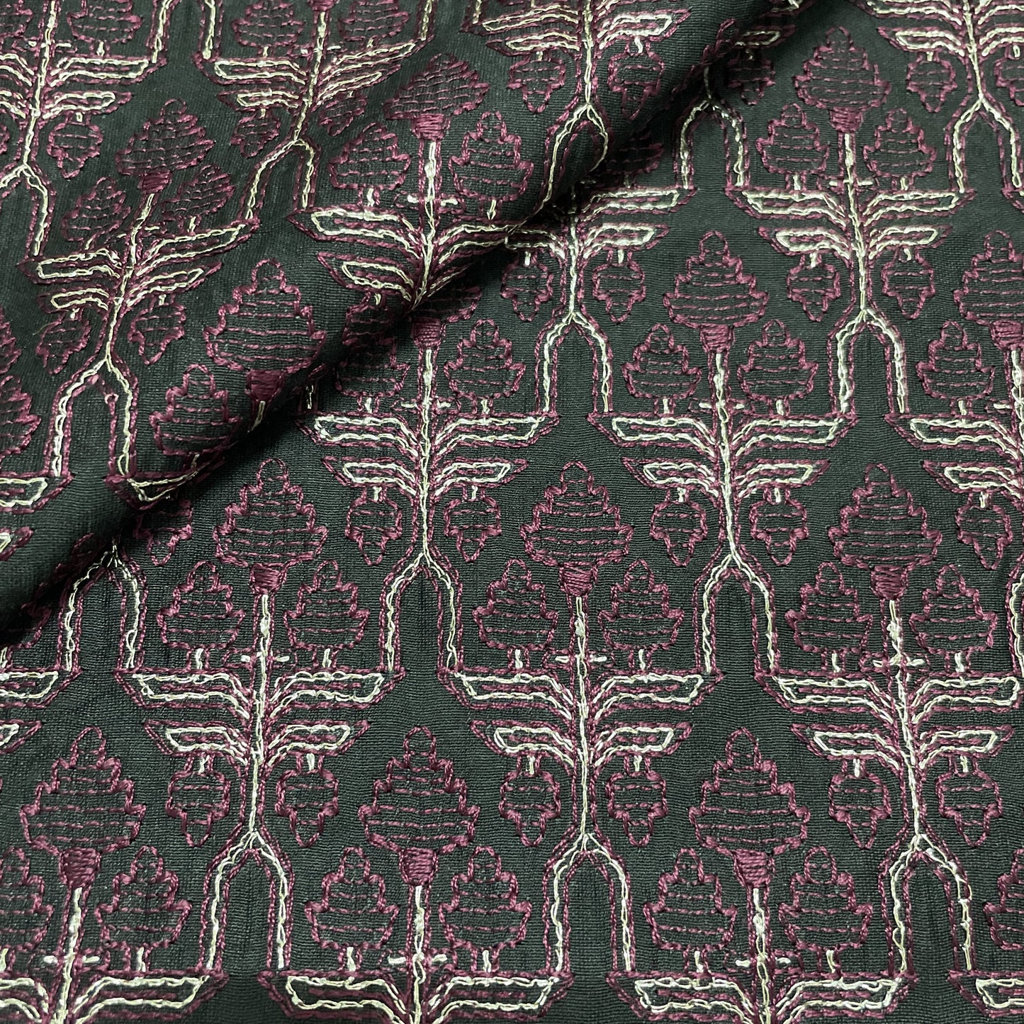 Classic Black Traditional Thread Embroidery Chanderi Silk Fabric