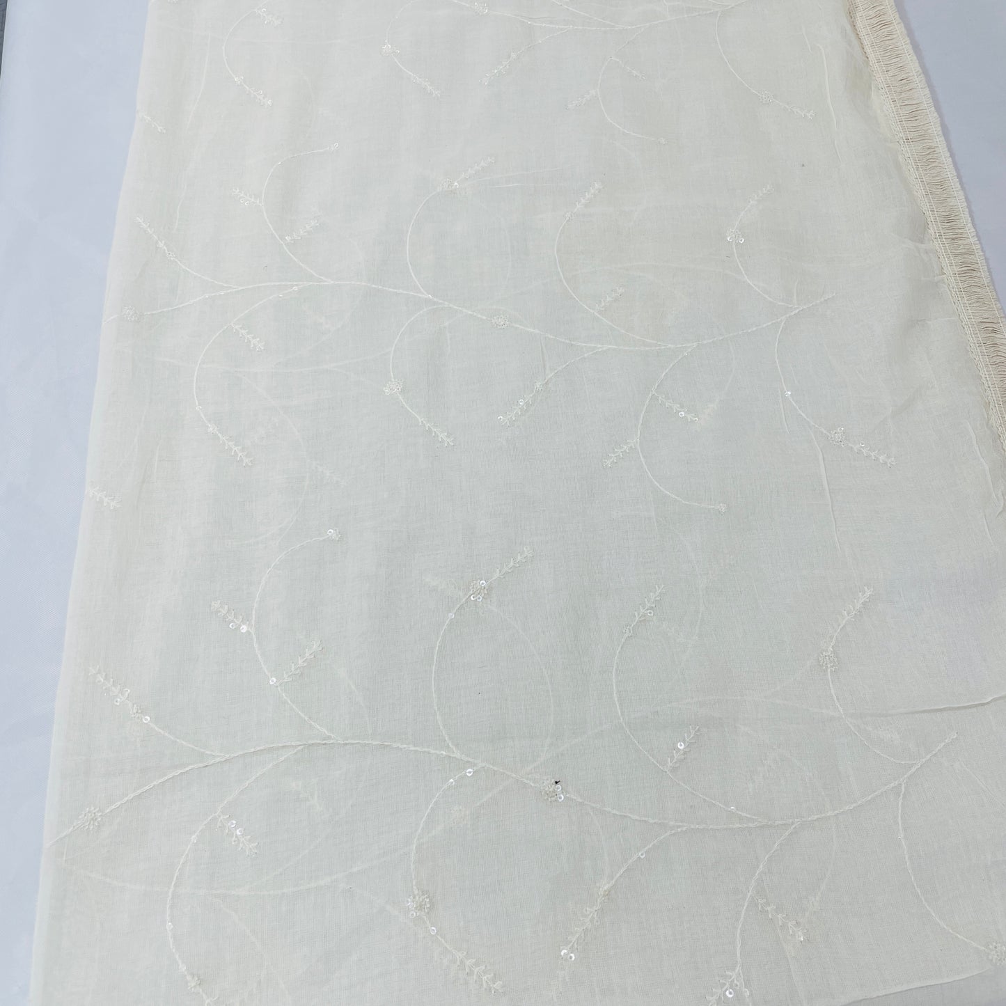 Off White Sequence Embroidery Mulmul Dupatta - TradeUNO