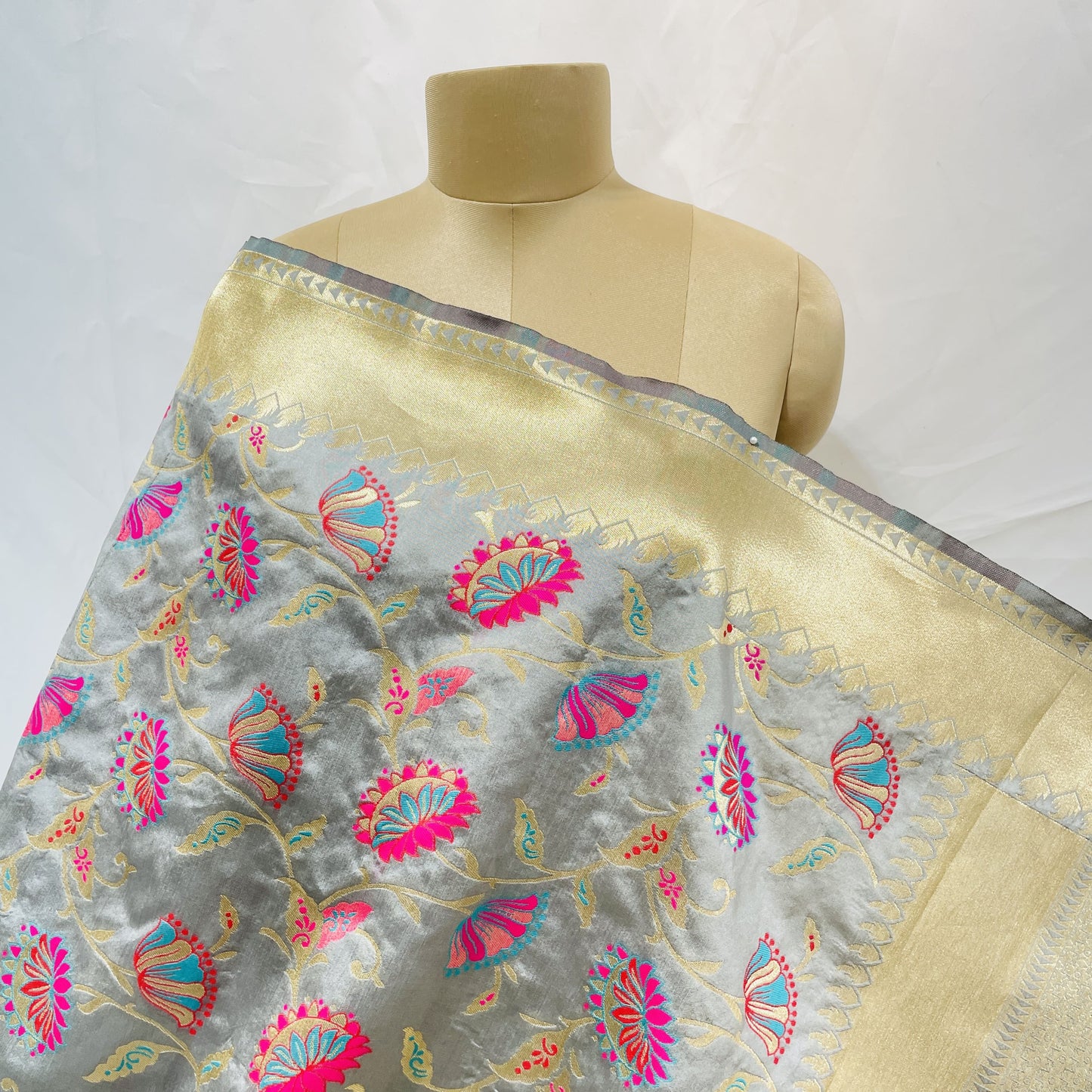 Premium Grey Floral Print Banarsi Jacquard Dupatta