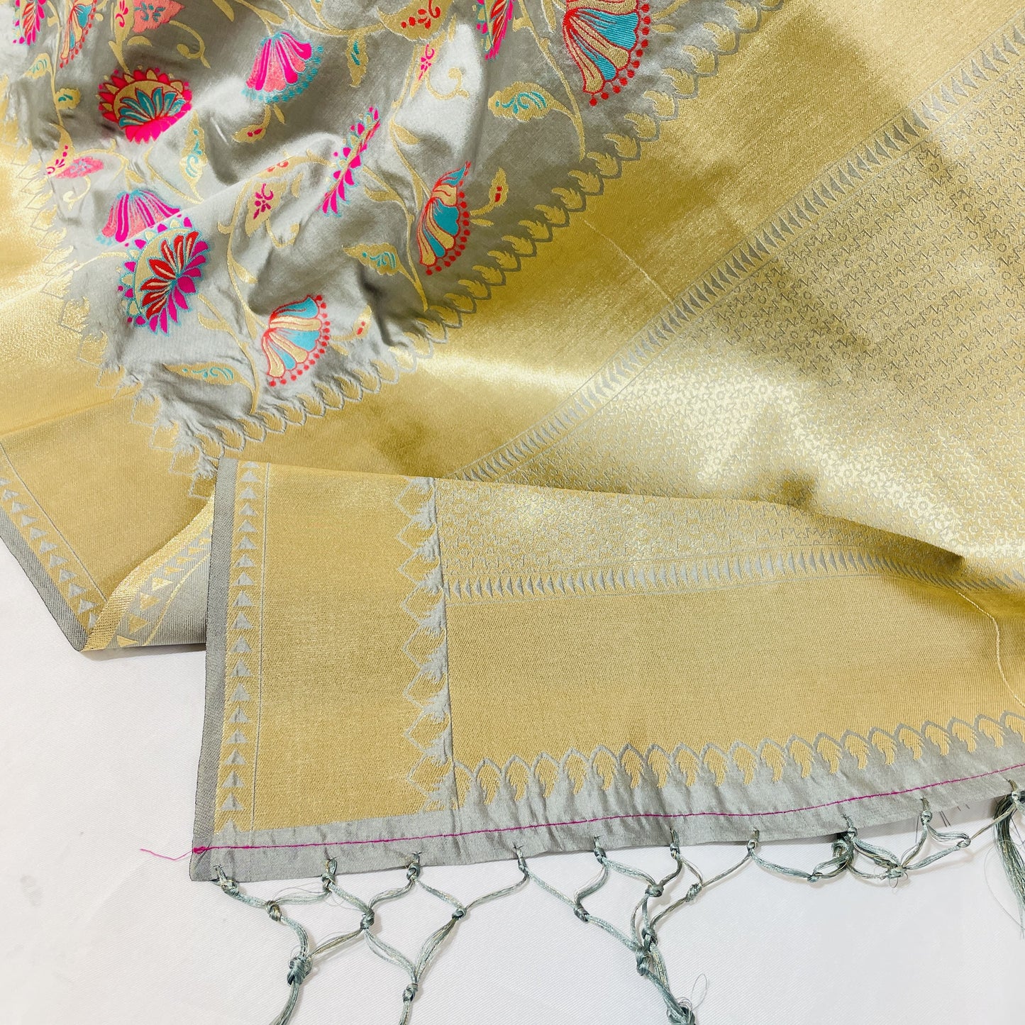 Premium Grey Floral Print Banarsi Jacquard Dupatta