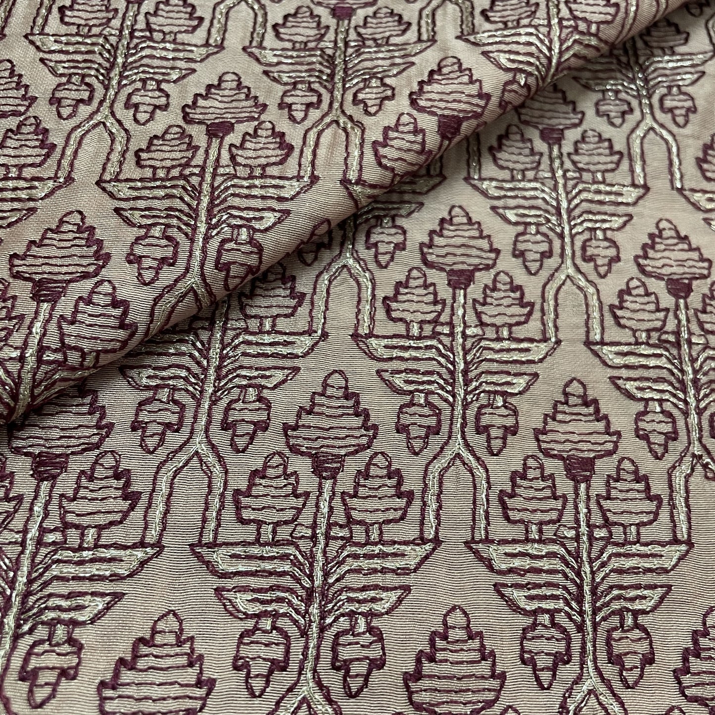 Classic Peach Pink Traditional Thread Embroidery Chanderi Silk Fabric