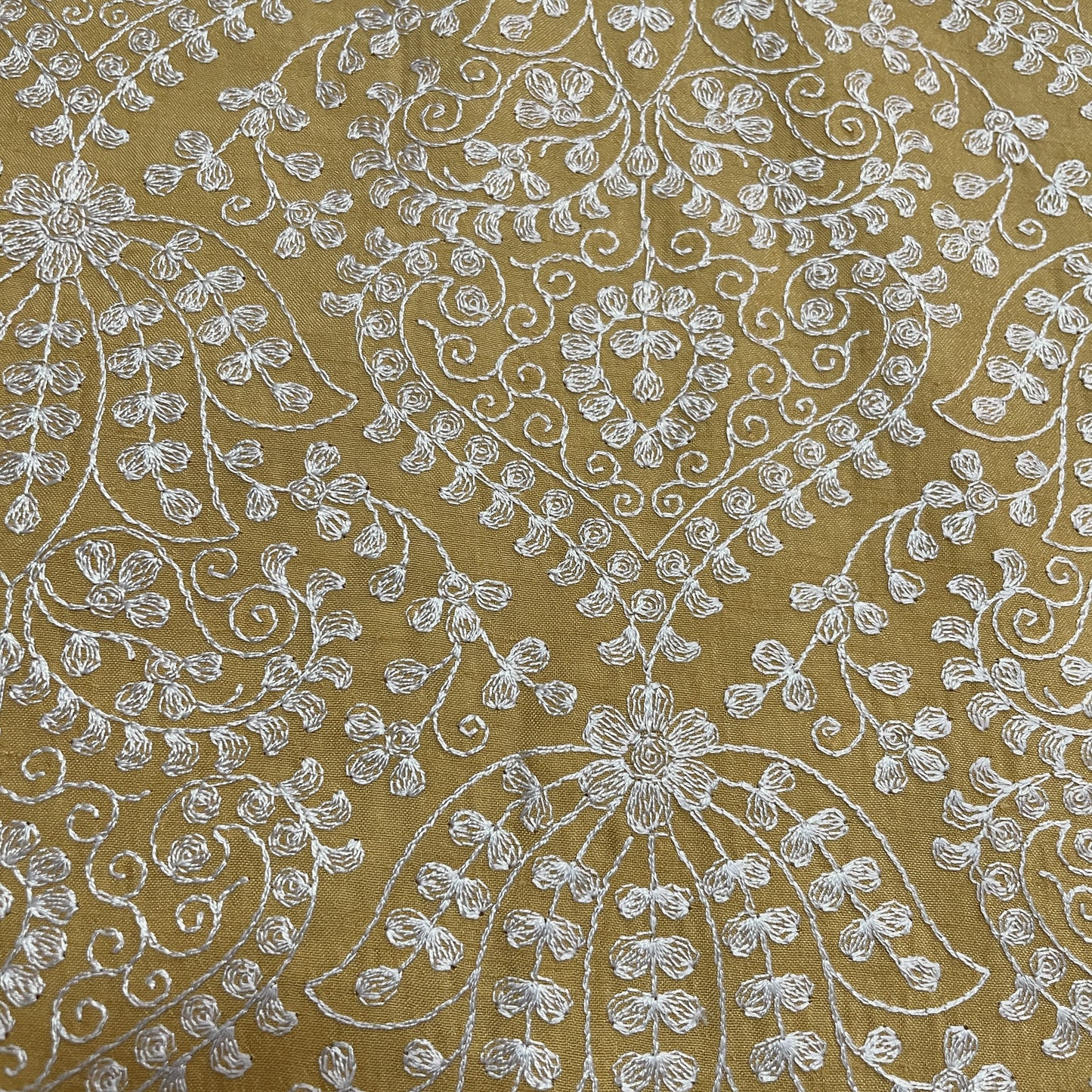 Classic Yellow Floral Thread Embroidery Bemberg Silk Fabric