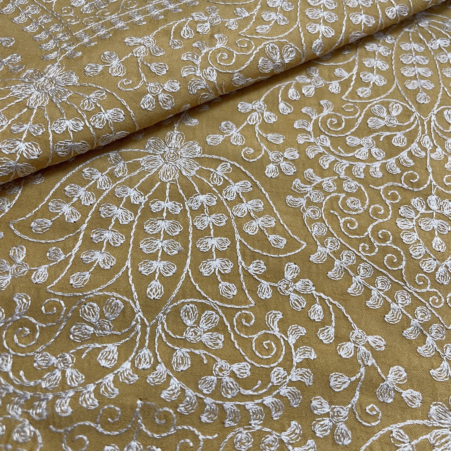Classic Yellow Floral Thread Embroidery Bemberg Silk Fabric