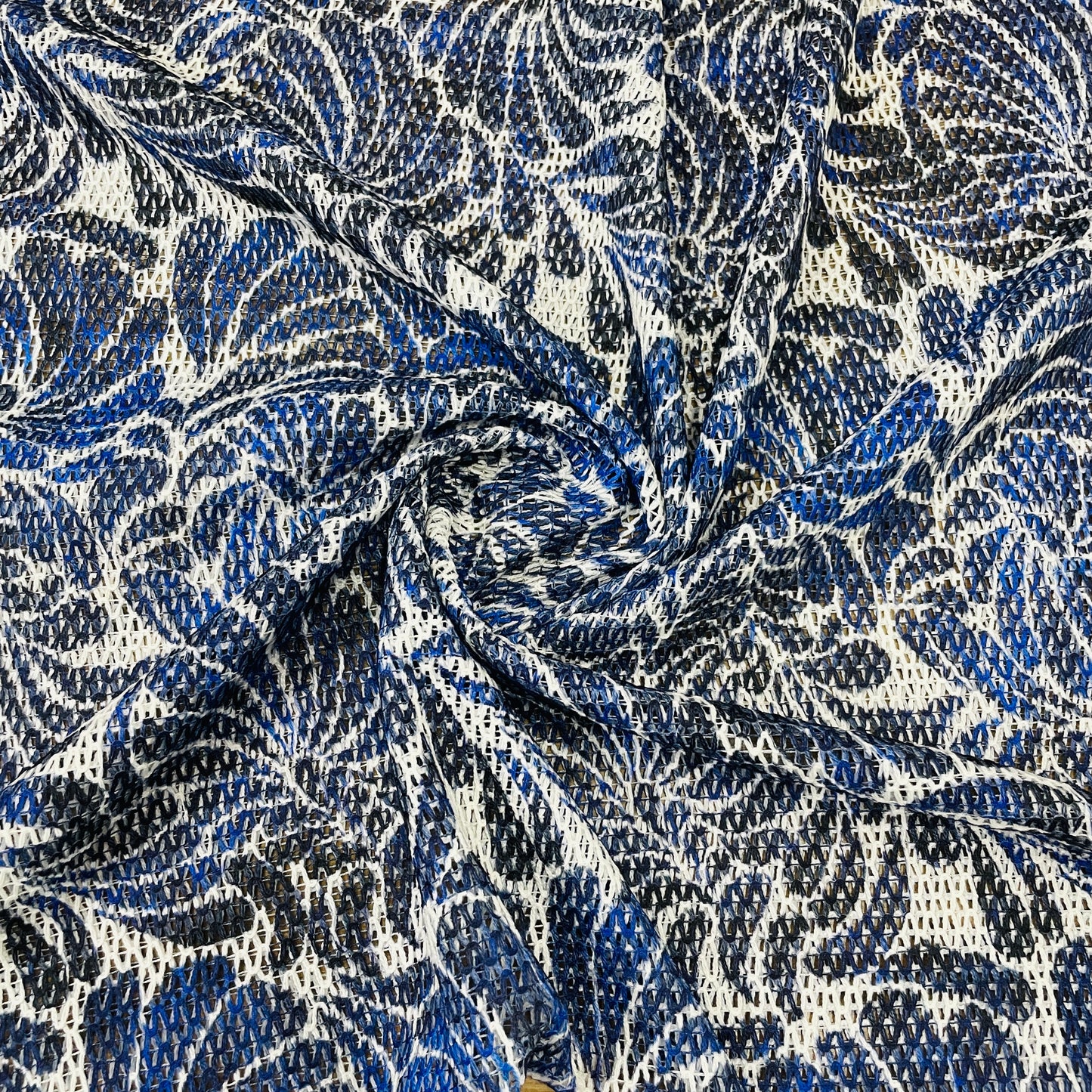 premium dark blue floral print cotton crochet fabric