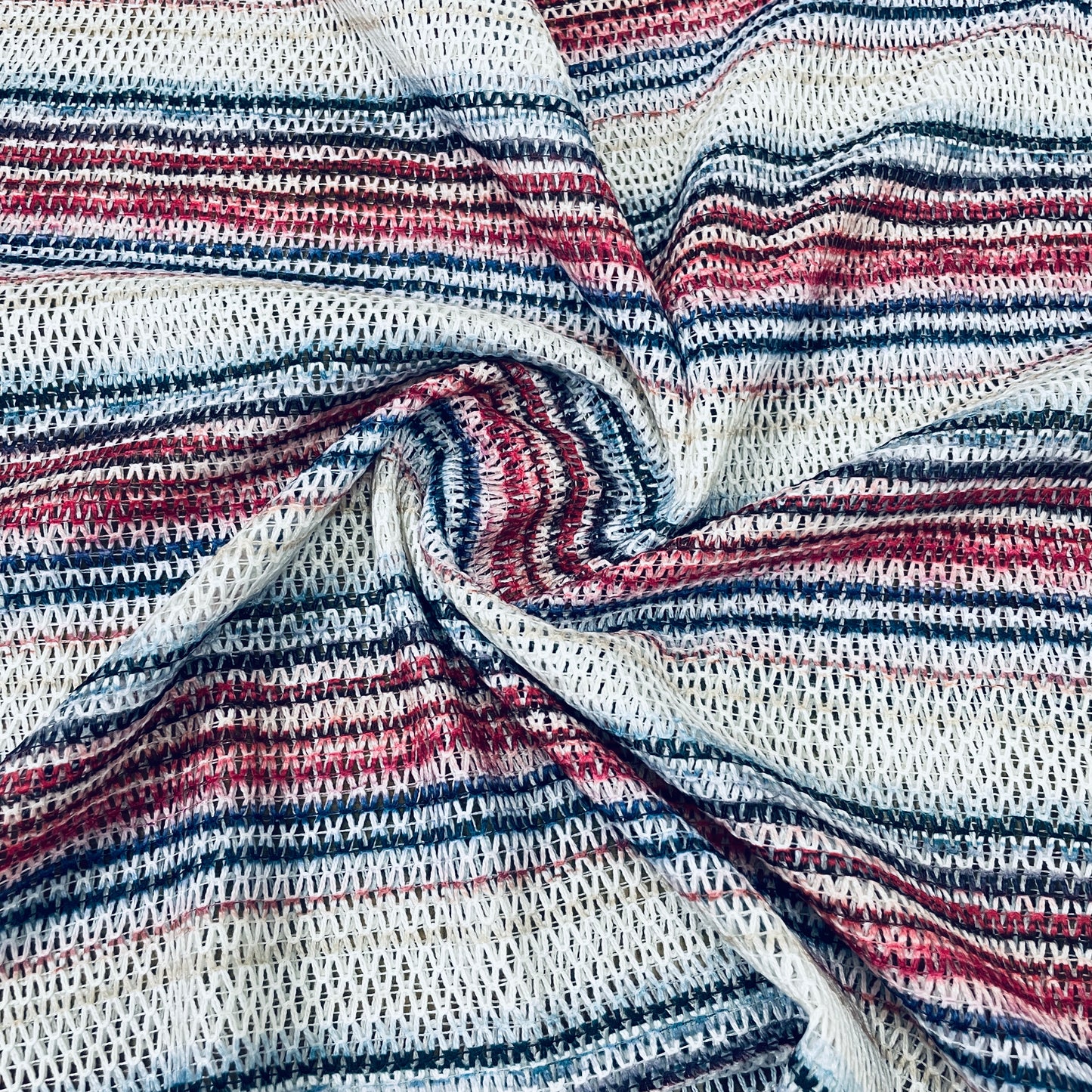 Premium White Red Stripe Print Cotton Crochet Fabric