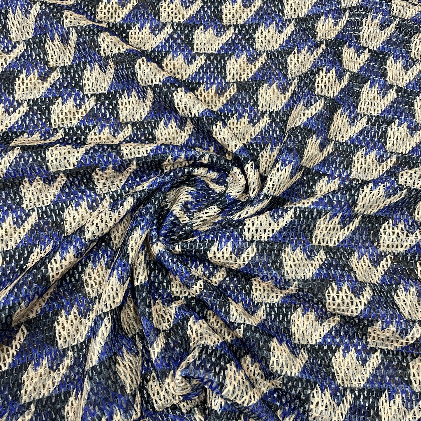 Premium Blue Cream Geometrical Print Cotton Crochet Fabric