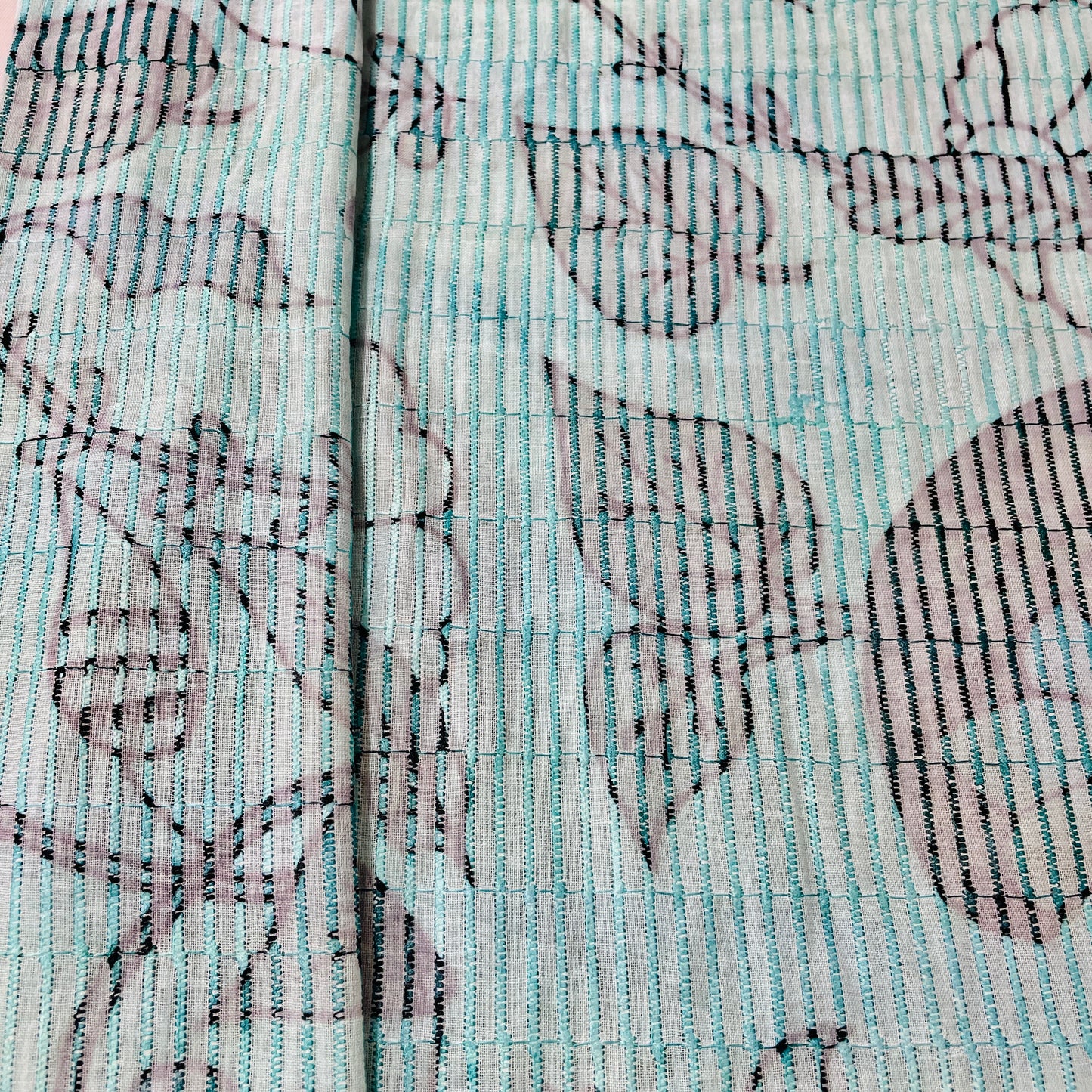 Aqua Blue Black Digital Floral Print Embroidery Cotton Fabric