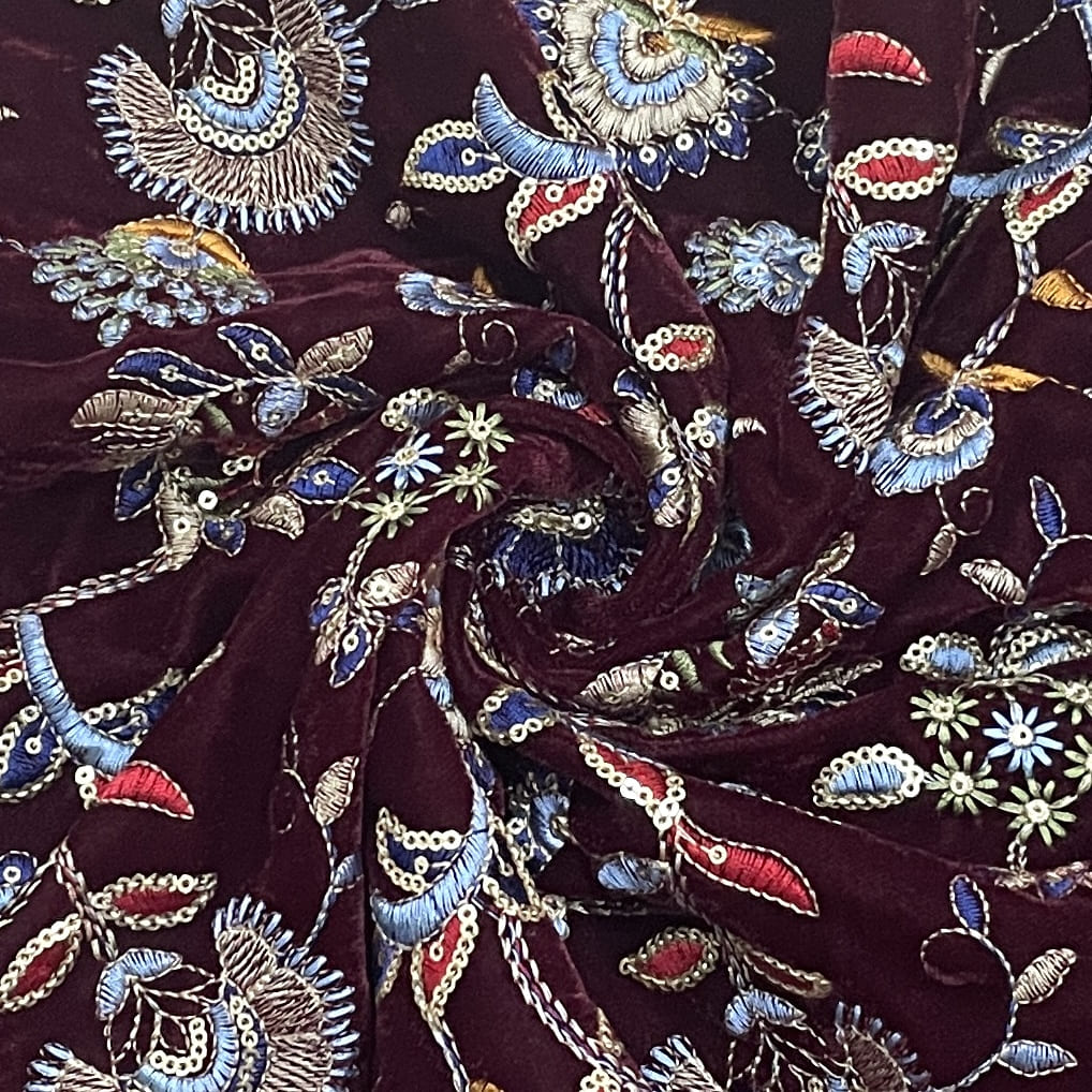 Classic Maroon Floral Sequence Embroidery Velvet Fabric