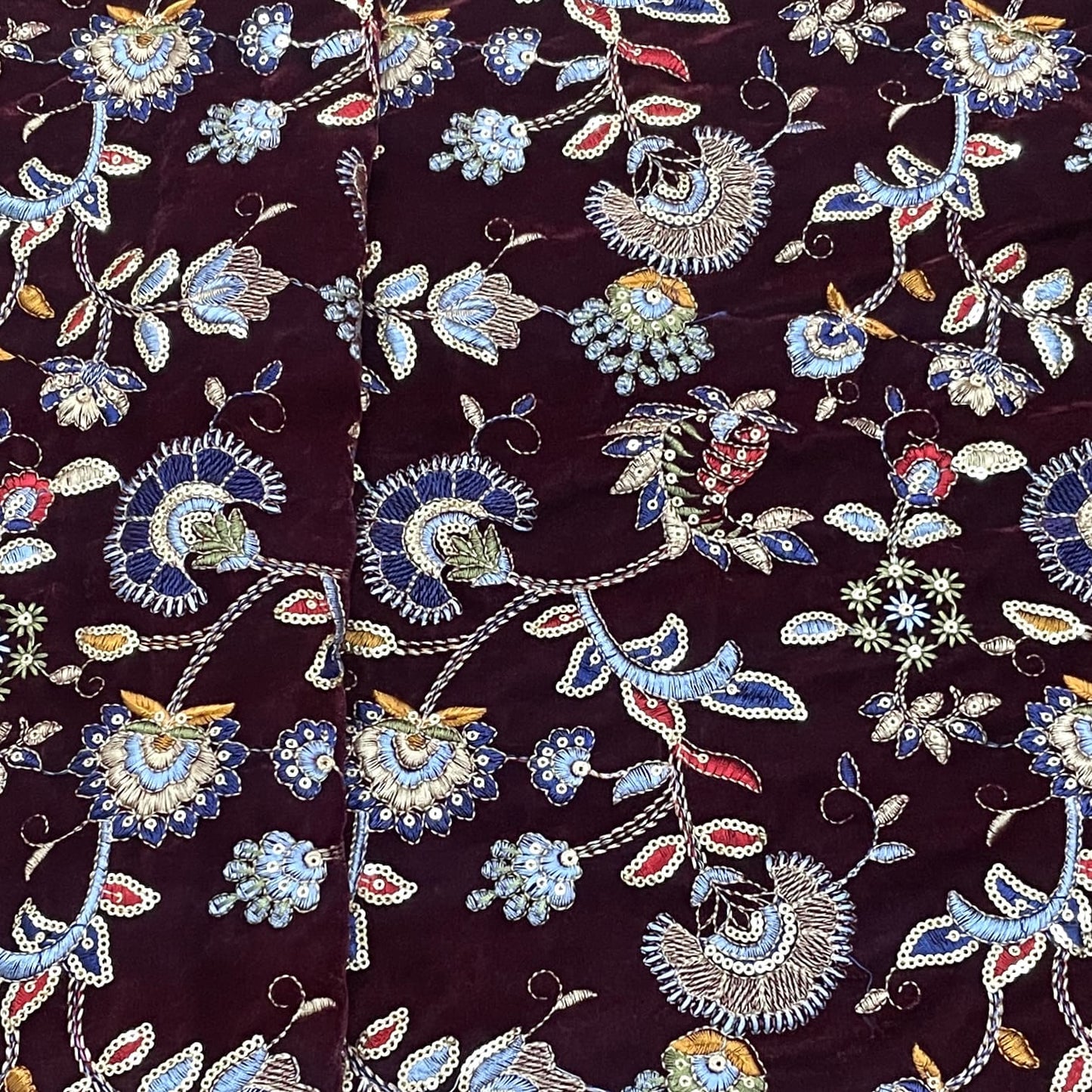 Classic Maroon Floral Sequence Embroidery Velvet Fabric