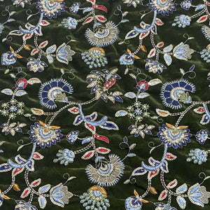 Classic Green Floral Sequence Embroidery Velvet Fabric