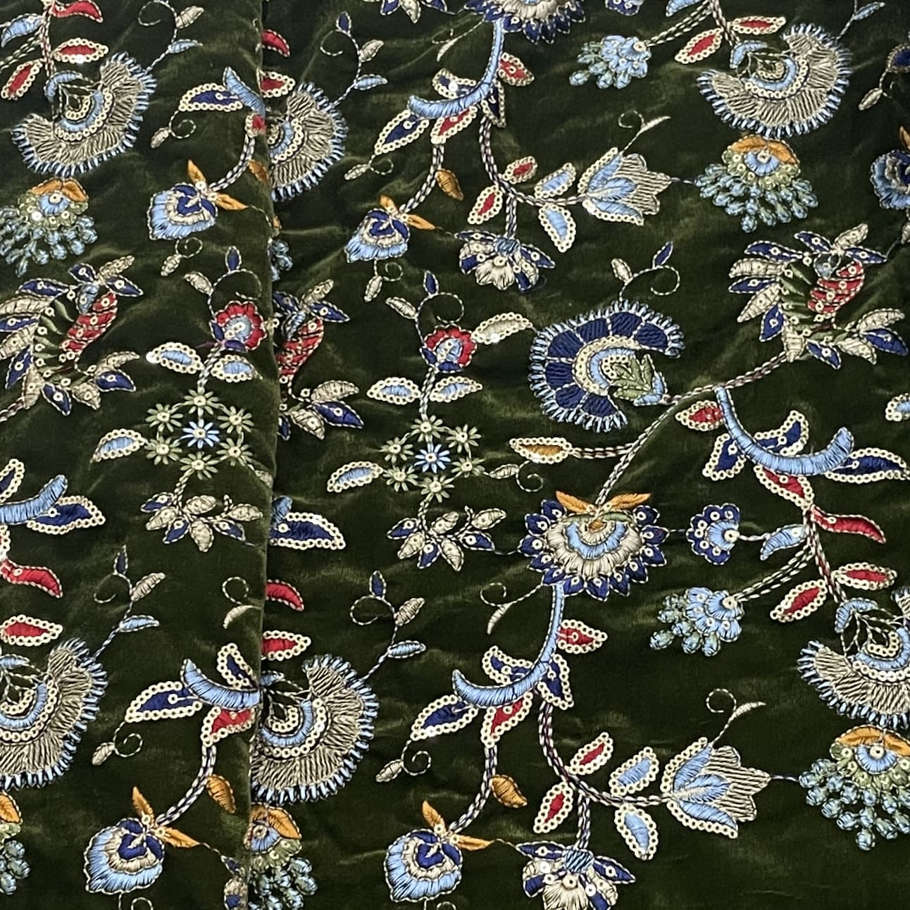 Classic Green Floral Sequence Embroidery Velvet Fabric