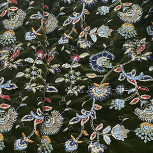 Classic Green Floral Sequence Embroidery Velvet Fabric