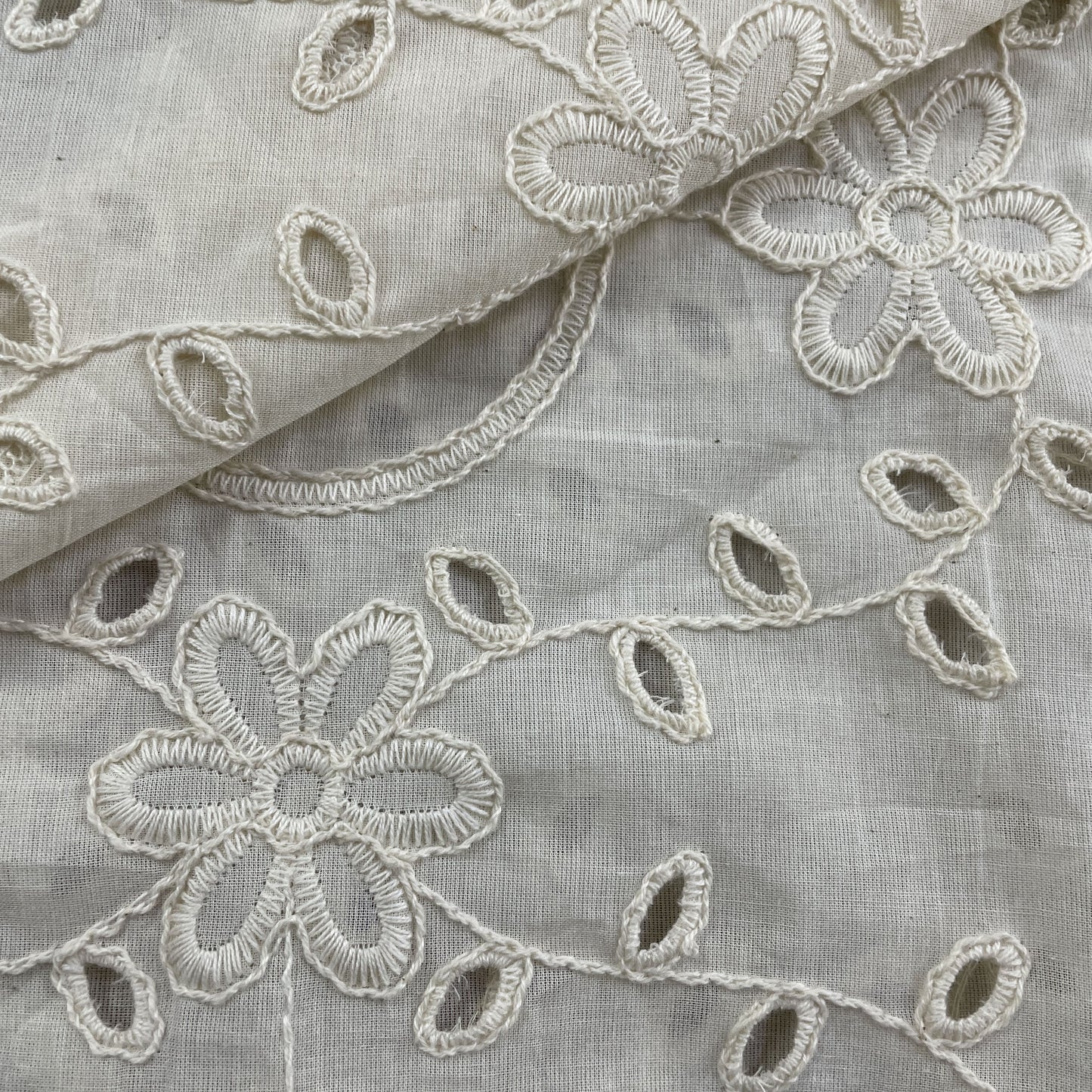 Premium OffWhite Abstract Floral Thread Embroidery Cotton Schiffli Dyeable Fabric