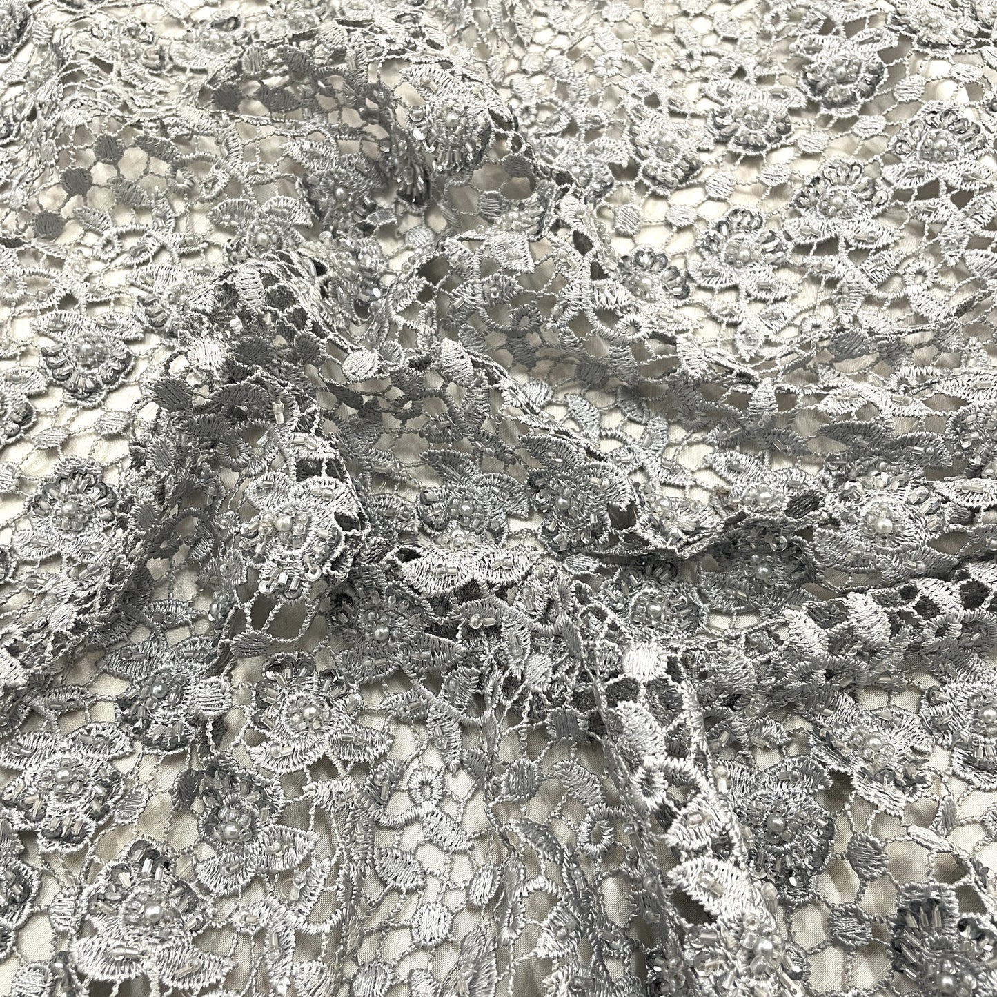 Classic Grey Floral Pearl Embroidery Chantilly Net Fabric