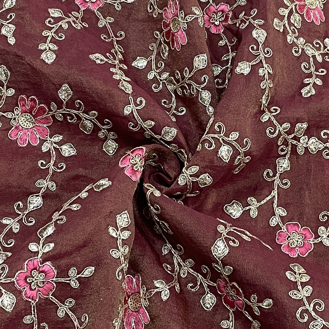 classic dark pink floral zari embroidery tissue organza fabric