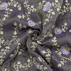 classic purple floral zari embroidery tissue organza fabric
