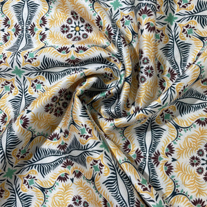 White Blue & Orange Traditional Print Modal Satin Fabric