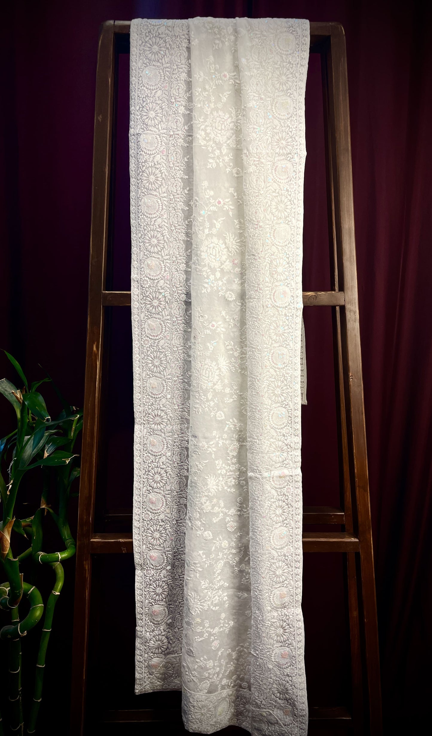 Premium White Floral Thread Sequins Embroidery Georgette Dupatta