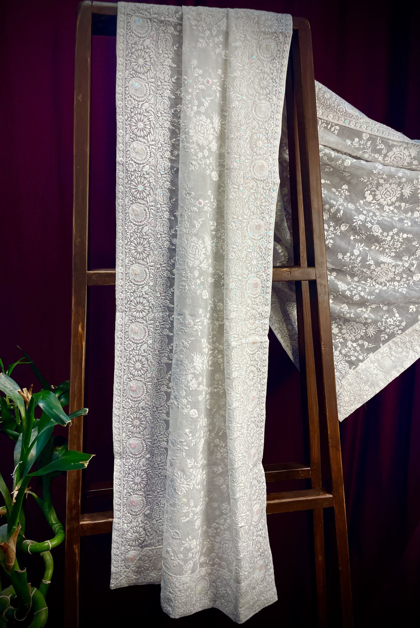 Premium White Floral Thread Sequins Embroidery Georgette Dupatta