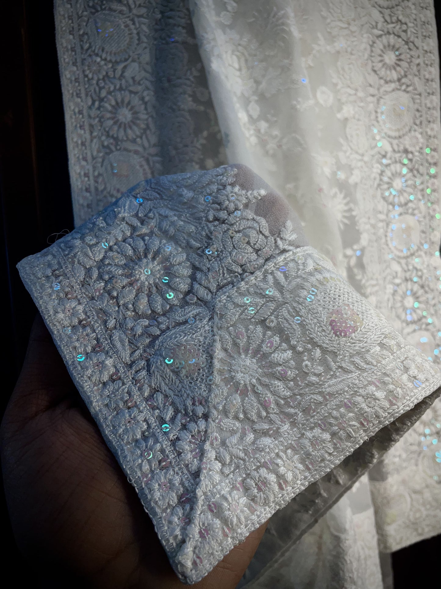 Premium White Floral Thread Sequins Embroidery Georgette Dupatta