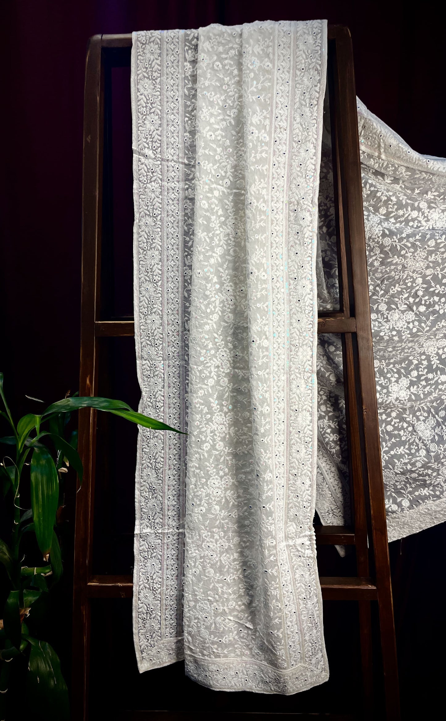 Premium White Heavy Floral Thread Sequins Embroidery Georgette Dupatta