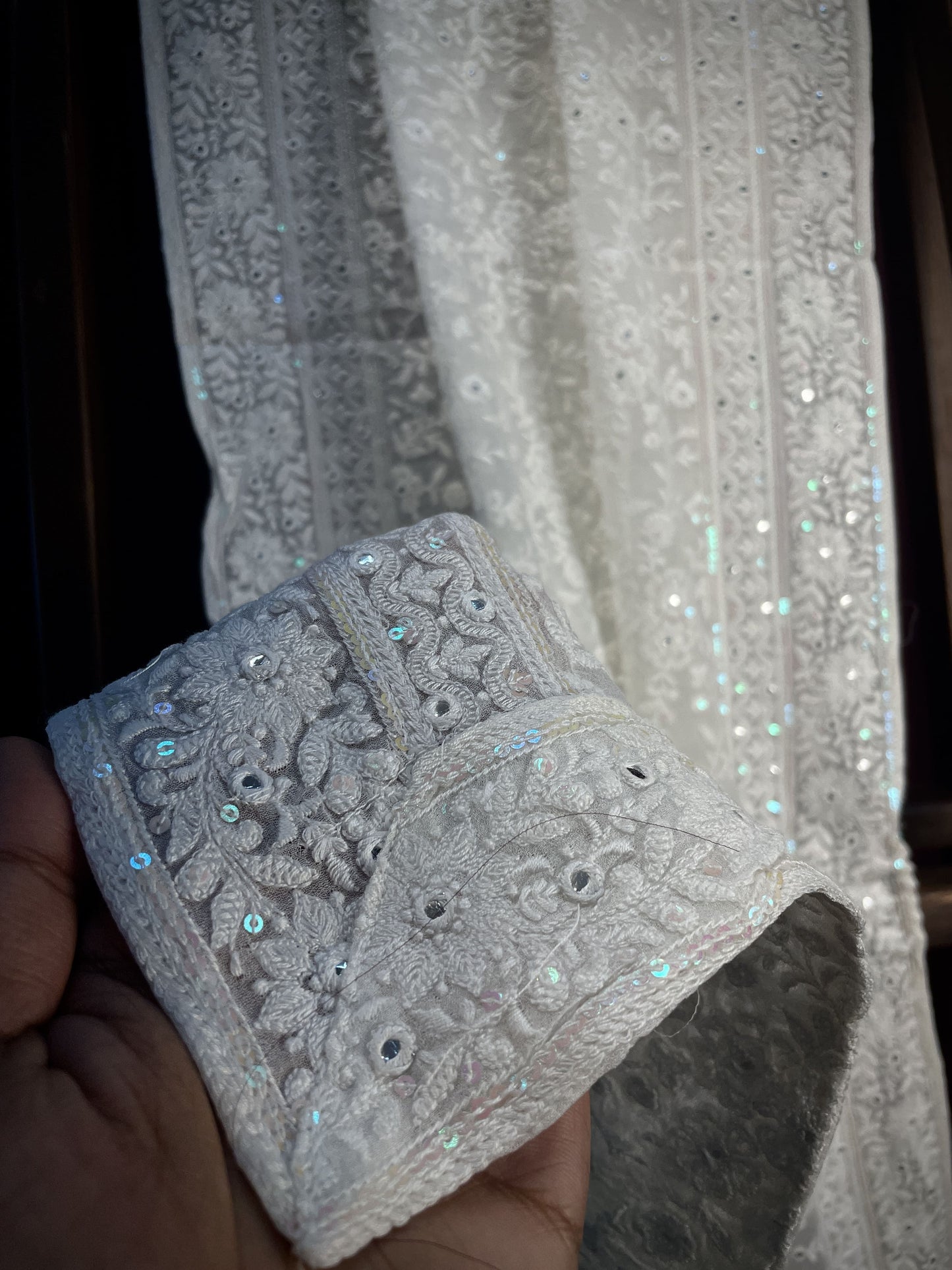 Premium White Heavy Floral Thread Sequins Embroidery Georgette Dupatta