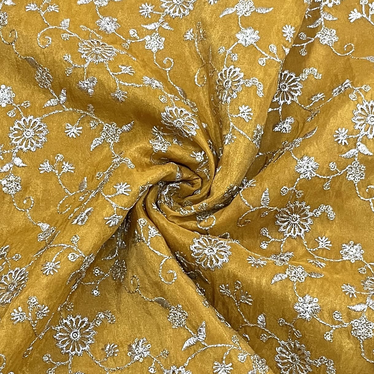 mustard yellow floral zari embroidery tissue organza fabric