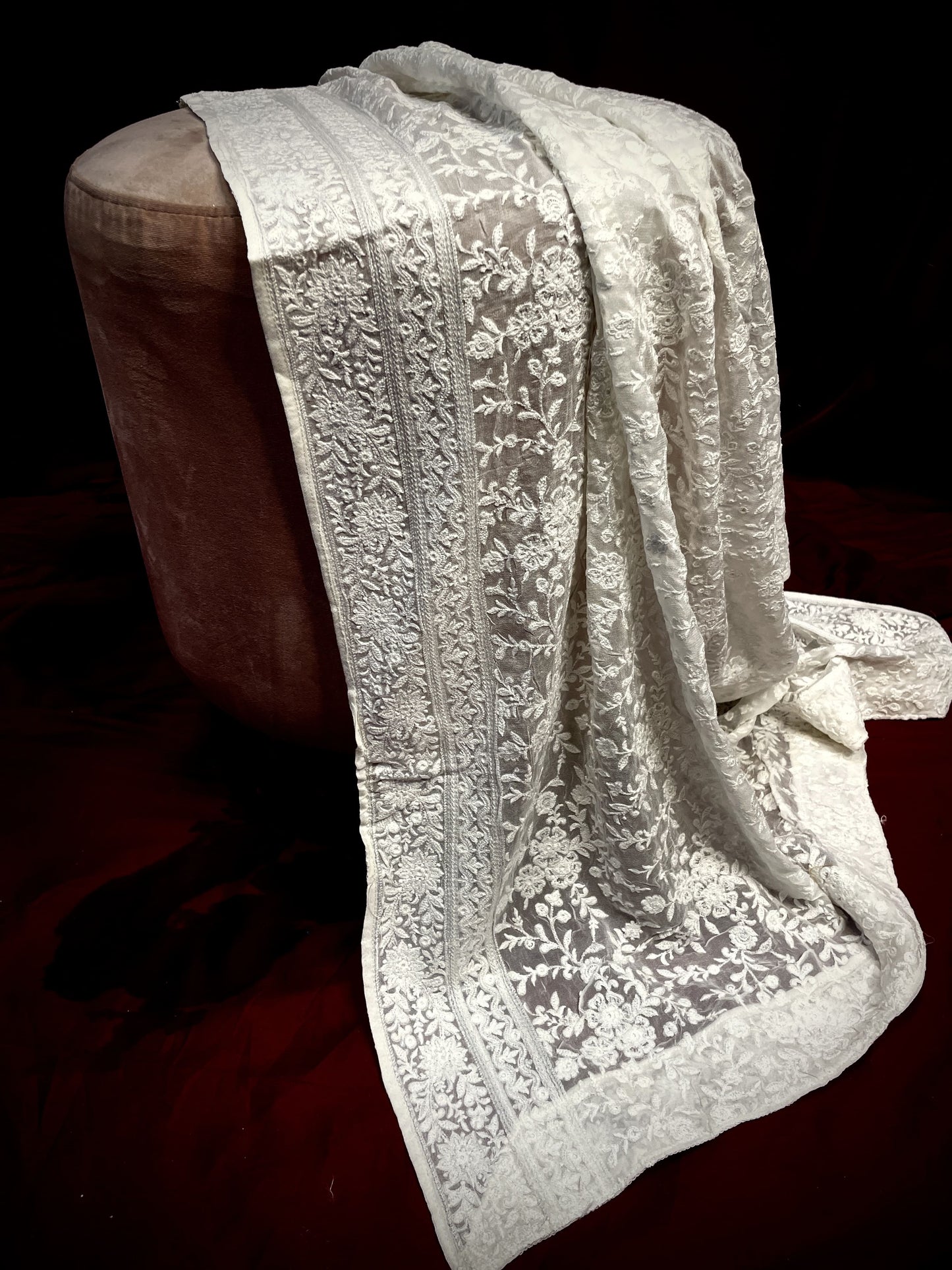 Premium White Heavy Floral Thread Sequins Embroidery Georgette Dupatta