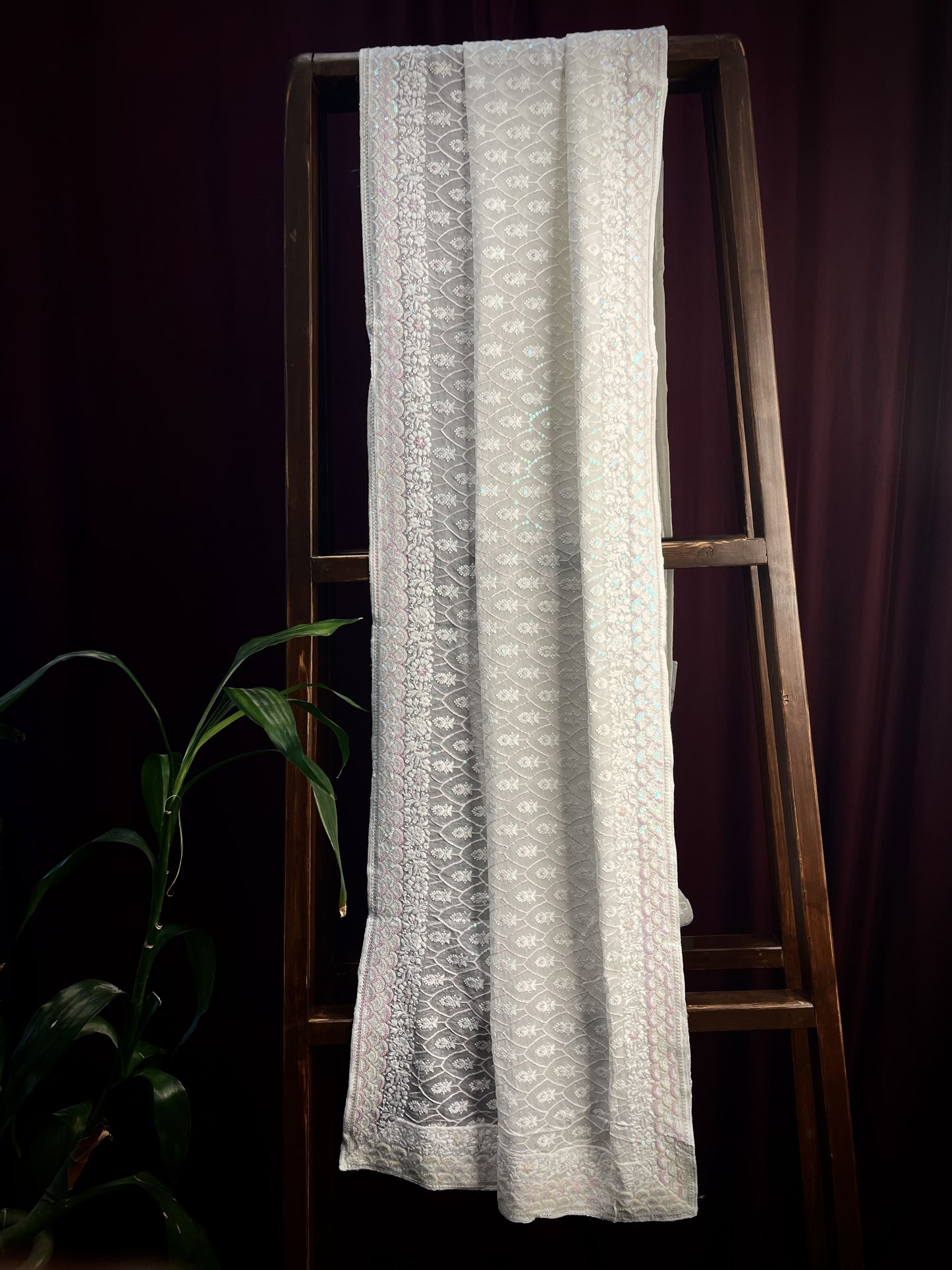 Premium White Heavy Thread Sequins Embroidery Georgette Dupatta