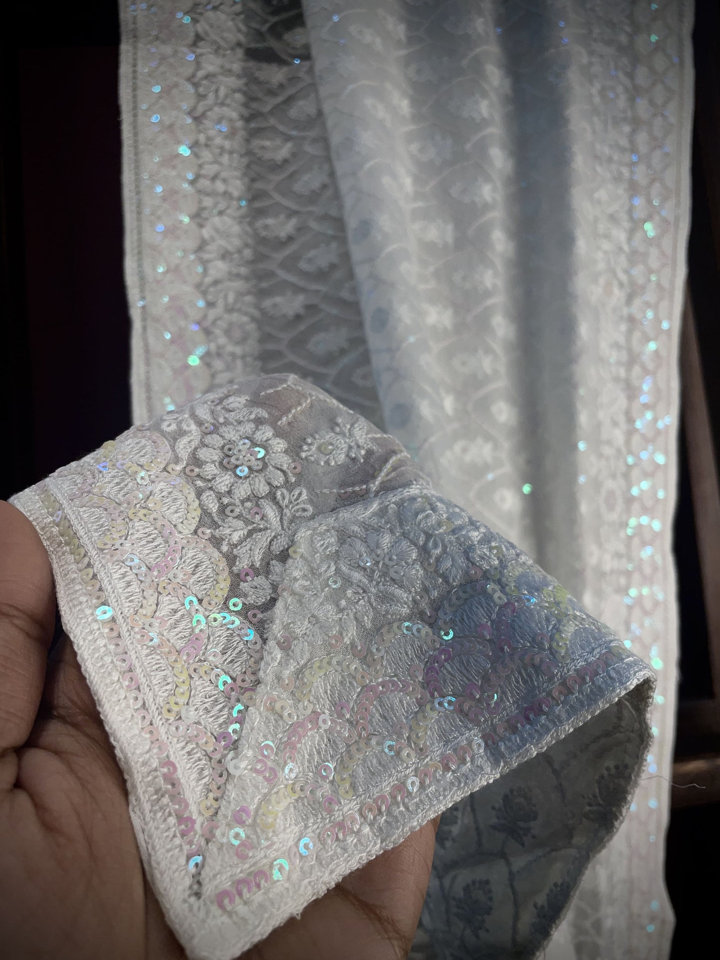 Premium White Heavy Thread Sequins Embroidery Georgette Dupatta